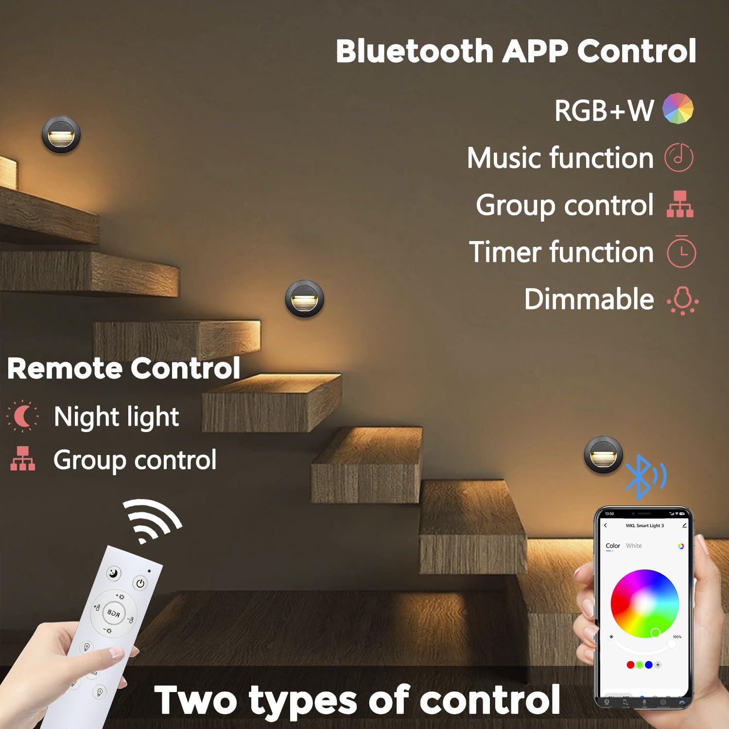 Bluetooth Treppenbeleuchtung aussen RGB warmweiss kaltweiss 1.5W 65mm(Nicht die Standardgröße 60mm) treppenlicht innen mit Unterputzdose und Fernbedienung, Alu IP65, 230V, schwarz, 8 pcs
