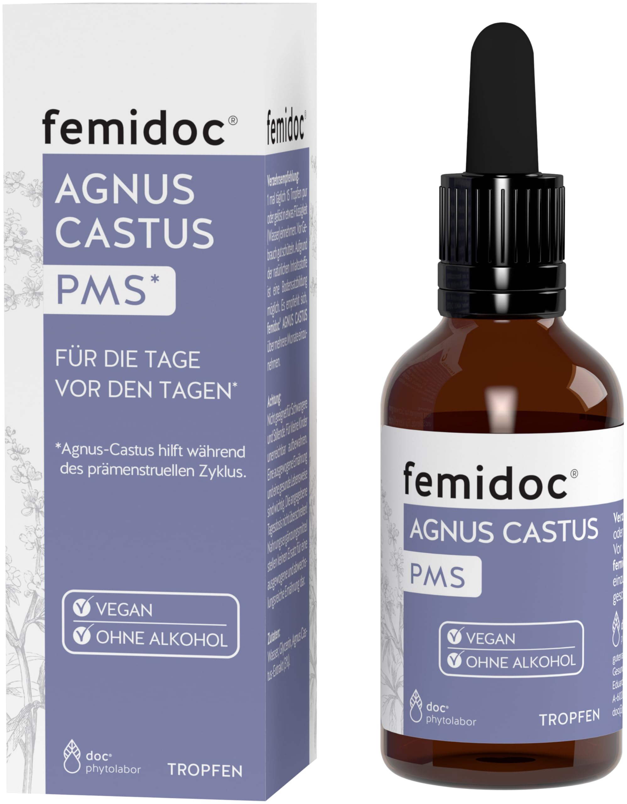 femidoc® AGNUS CASTUS PMS TROPFEN mit Mönchspfefferfrüchte Extrakt - Hilft während des prämenstruellen Zyklus - ohne Alkohol - vegan - 50ml