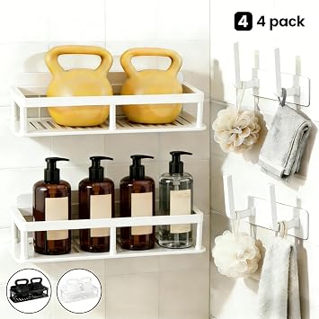 2-Pack No-Drill Wall Mounted Storage Shelves with 2 Hooks & Drainage Holes, Adhesive Plastic Floating Shelf, Space-Saving Organizer for Bathroom Kitchen Living Room 4Pack-White