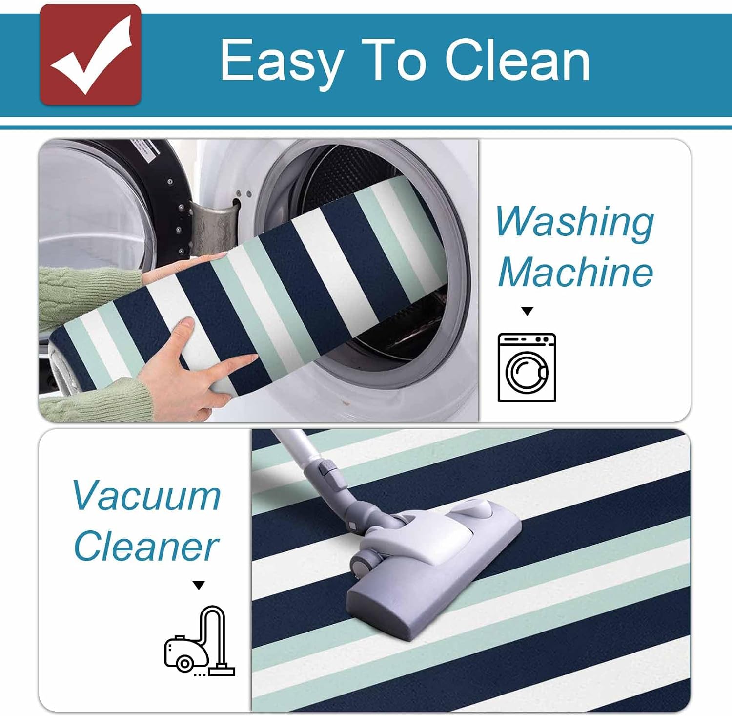Prime Leader Turquoise Navy Blue Stripe Kitchen Mat Set 2 Pieces Modern Abstract Minimalist Non Slip Kitchen Rugs Washable Runner Rug Mats for Sink Laundry (15.7" x 23.6"+15.7" x 47.2")