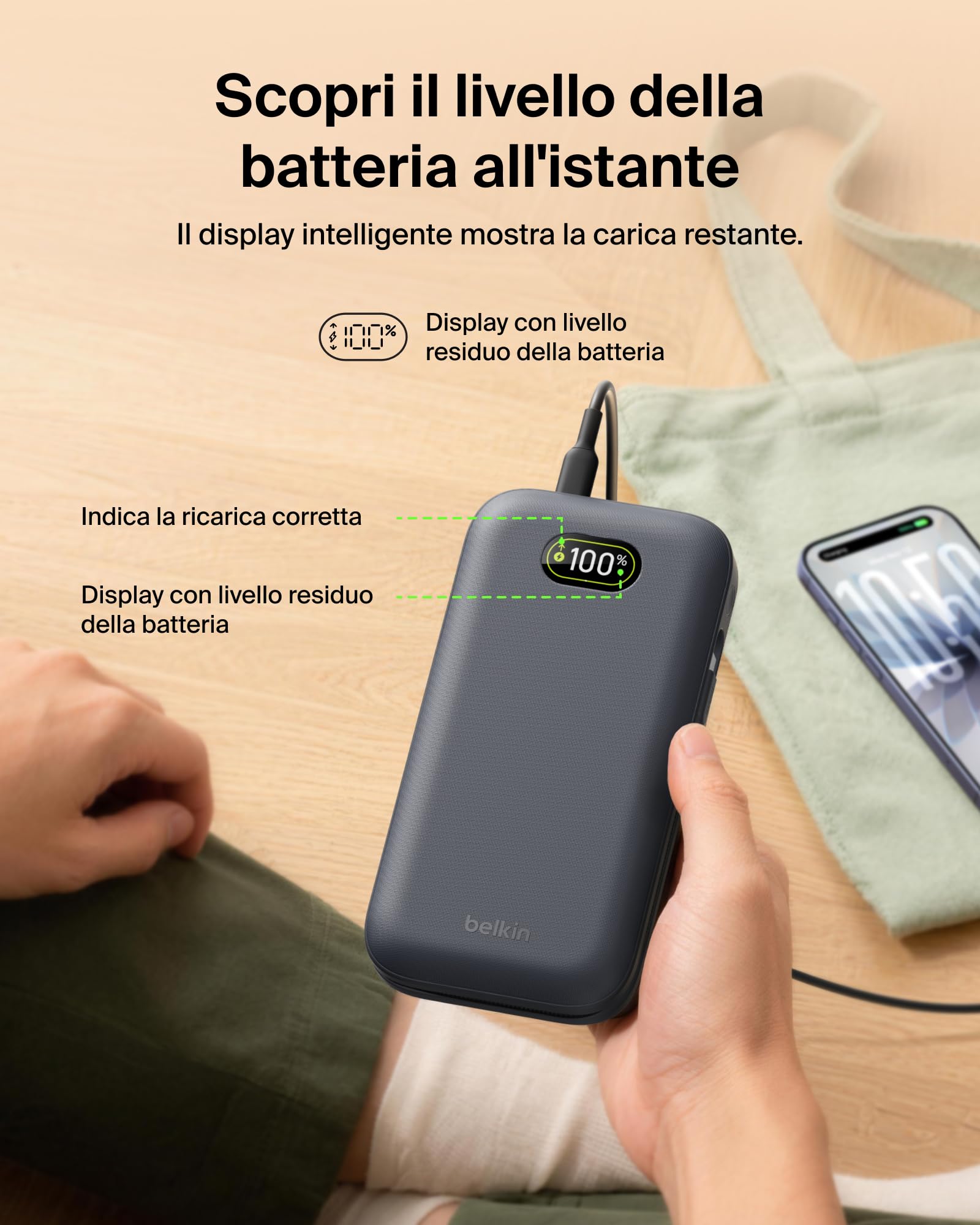 Belkin UltraCharge Pro Power Bank 27000mAh, Caricatore Portatile con Cavo USB C Integrato, USB PD 240W, Power Bank Portatile con Carica Rapida per MacBook Pro, iPhone, iPad Pro, Galaxy, Pixel, Carbone