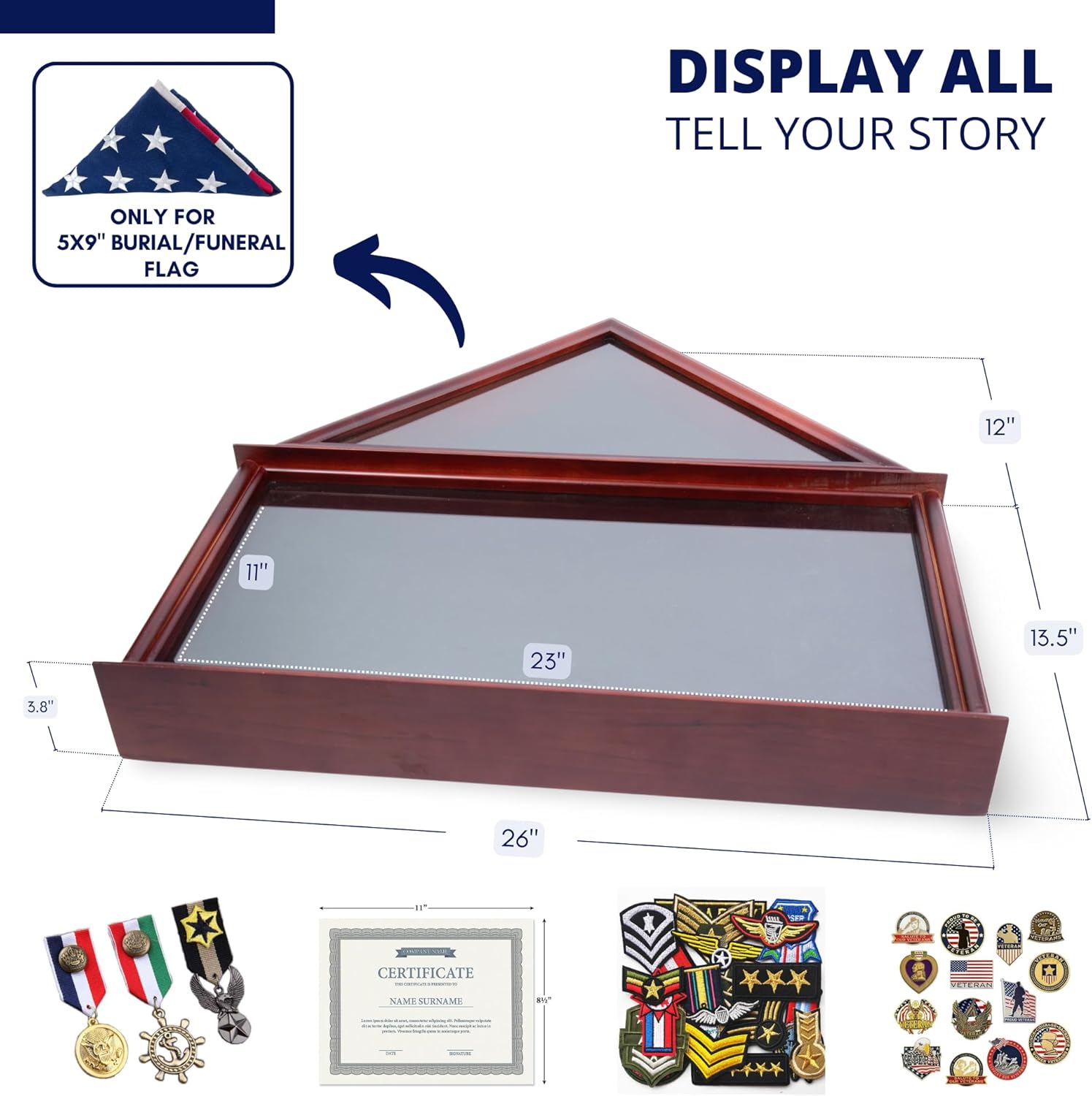 DECOMIL - Large Military Shadow Box Frame Memorial Burial Funeral Flag Display Case for 5x9 Flag, Solid Wood (Mahogany) (Plain)