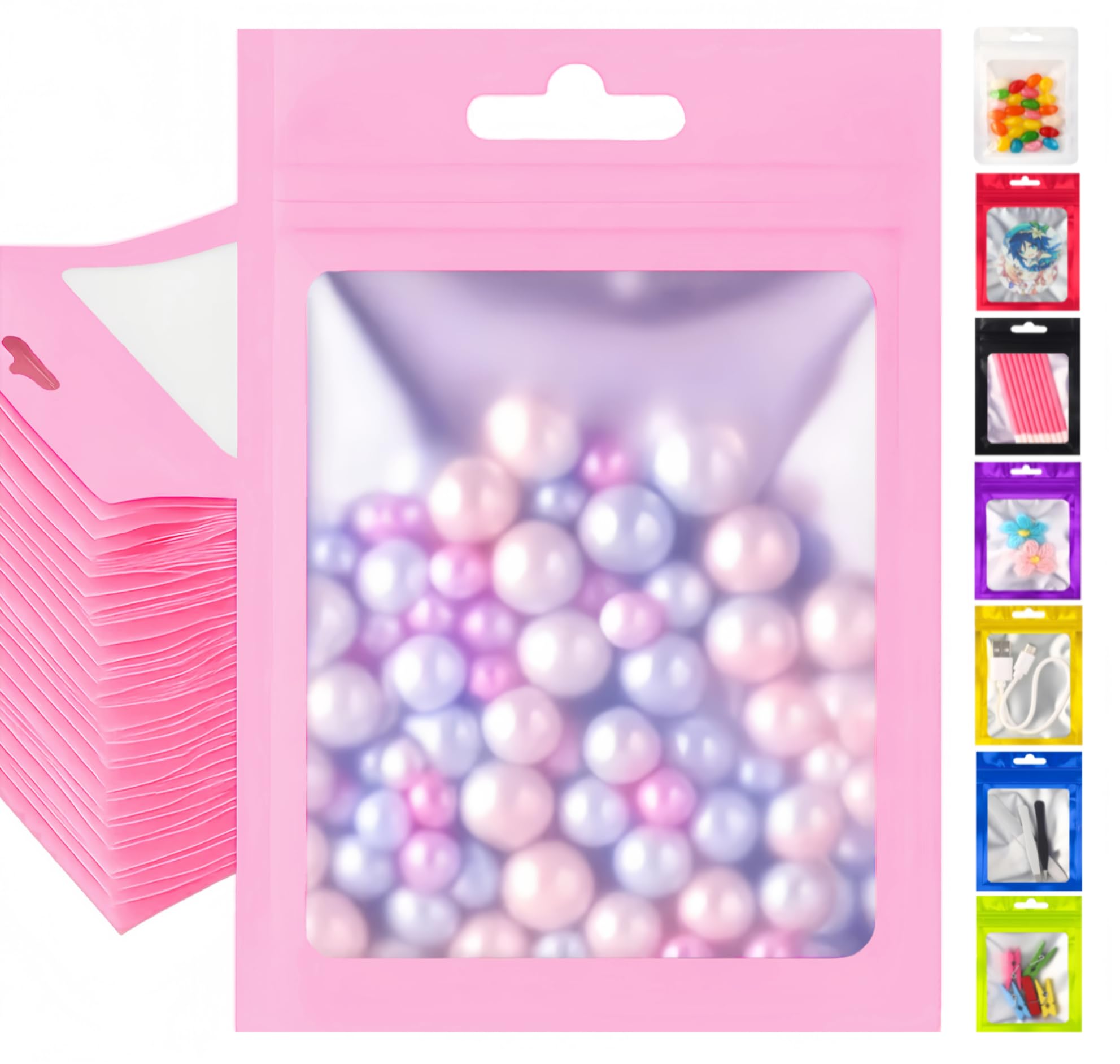 Plaphy 100Pcs Resealable Mylar Bags with Window,Ziplock Bags(Pink, 12x20cm)