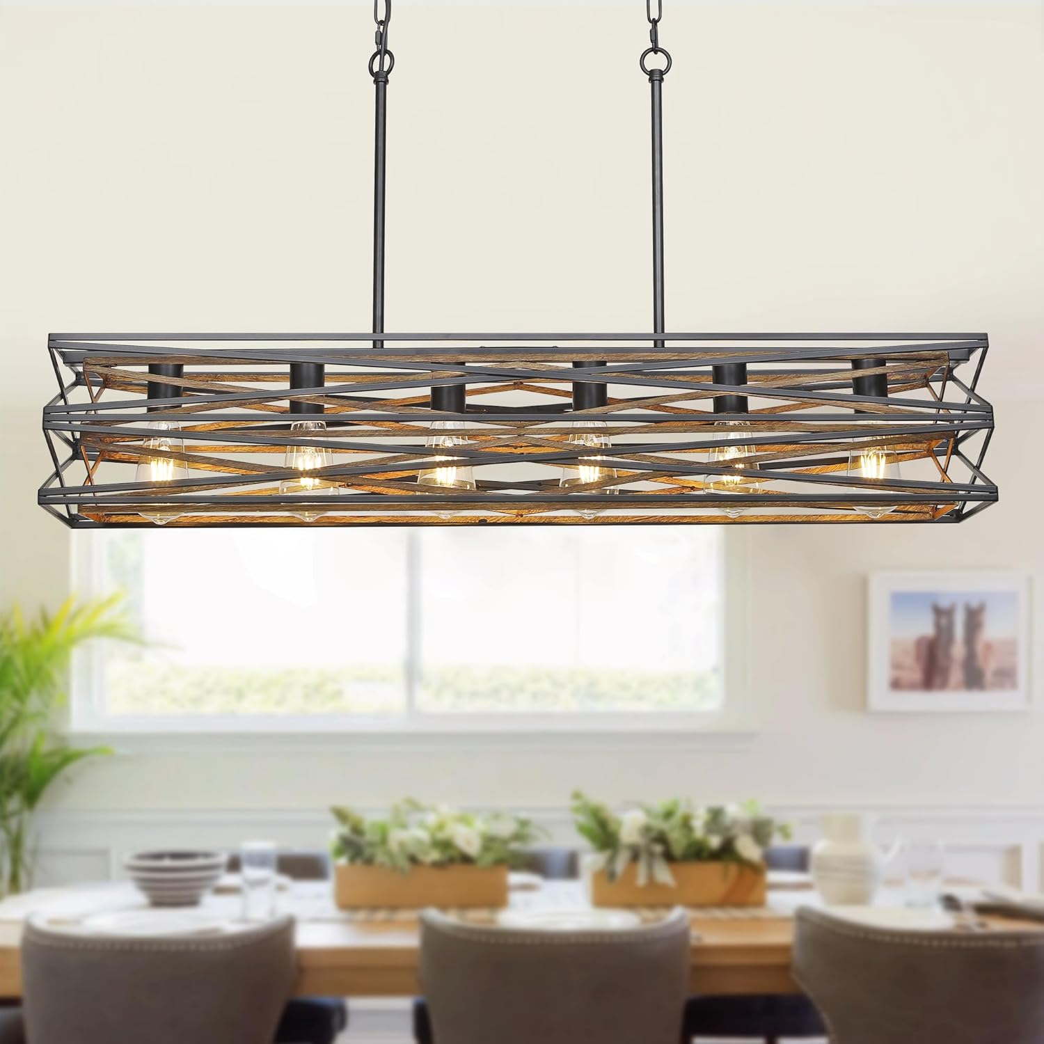 40''Large Farmhouse Rectangular Chandeliers for Dining Room,6-Light Black Matte Dining Light Fixture,Modern Industrial Pendant Lights Kitchen Island,Linear Chandelier with Retro Wood Texture Interior