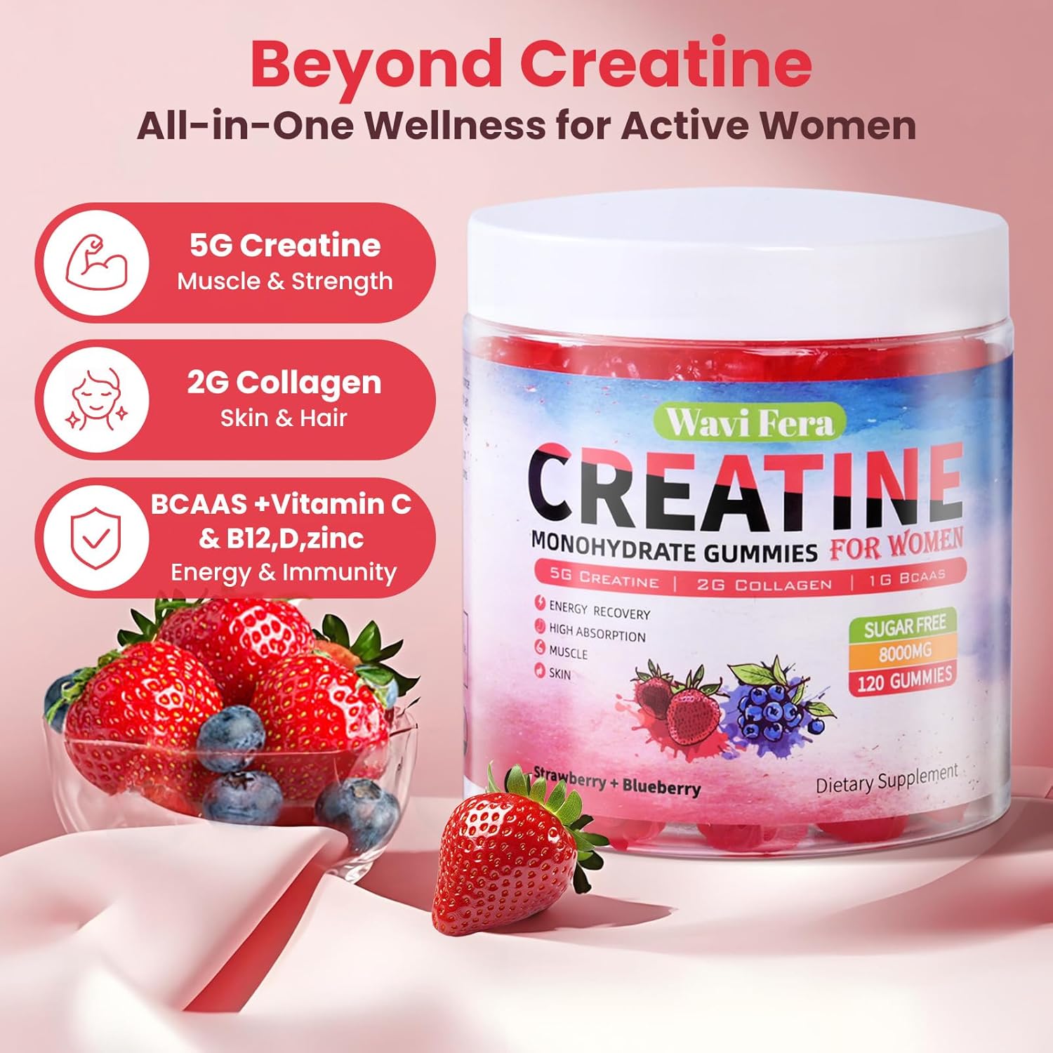 Creatine for Women,Creatine Monohydrate Gummies with Collagen+ BCAAs+Hyaluronic Acid+VitaminsC and b12,Sugar Free,vegan,Supplement for Muscle,Skin, Hair & Nail Support, Mixed berry,120 Counts - Image 2