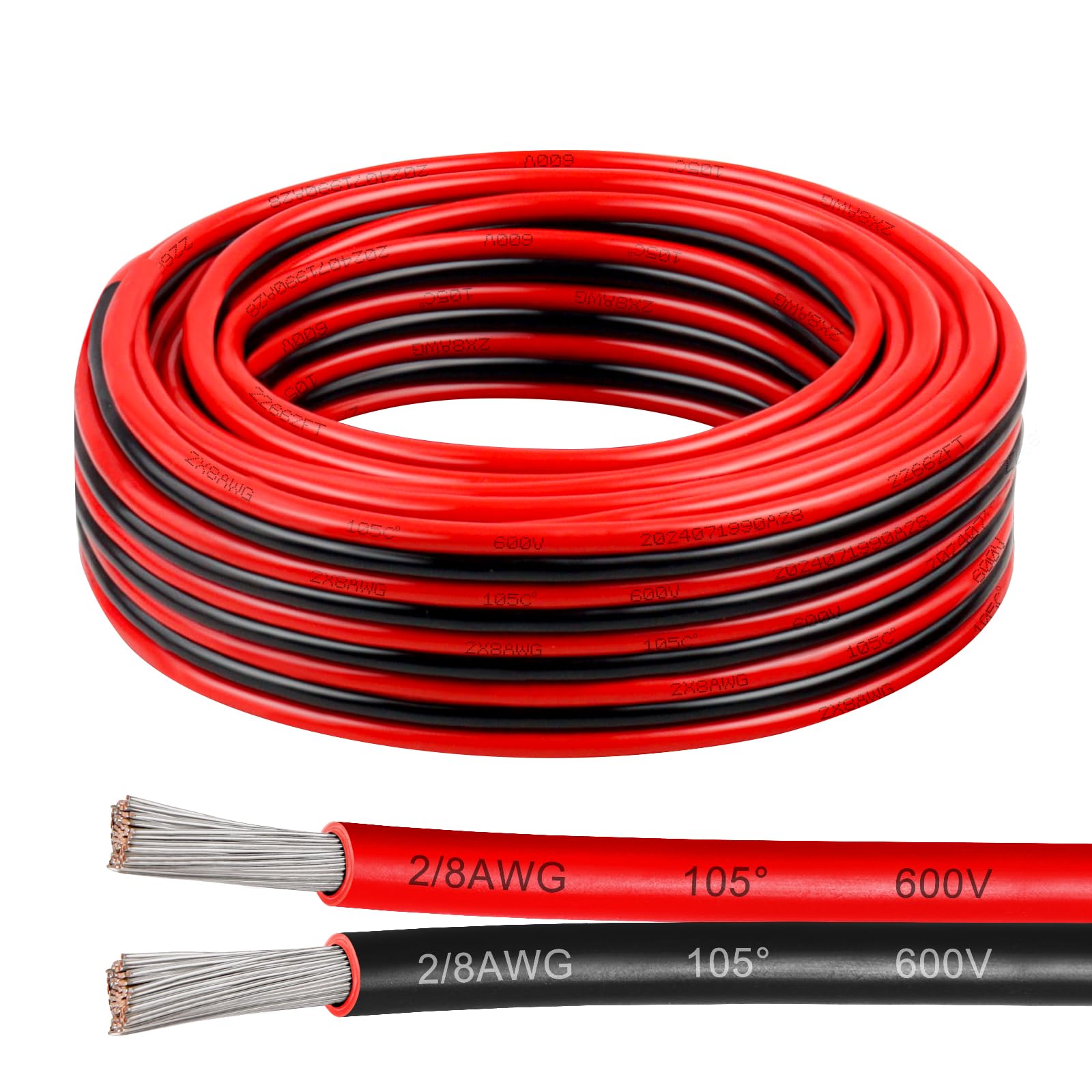 Cable eléctrico de calibre 8, 600 V, 8 AWG, 2 conductores, cable paralelo de cobre estañado de 25 pies, cable trenzado aislado de bajo voltaje para panel solar, automoción, audio automático