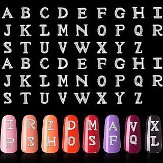 Maitys 104 Pieces Letter Nail Silver Studs 3D Capital Charms Letters and Rhinestone Crystal Nail Decals English Alphabet Fingernail Art Decoration for Women Female DIY Fingernail Art