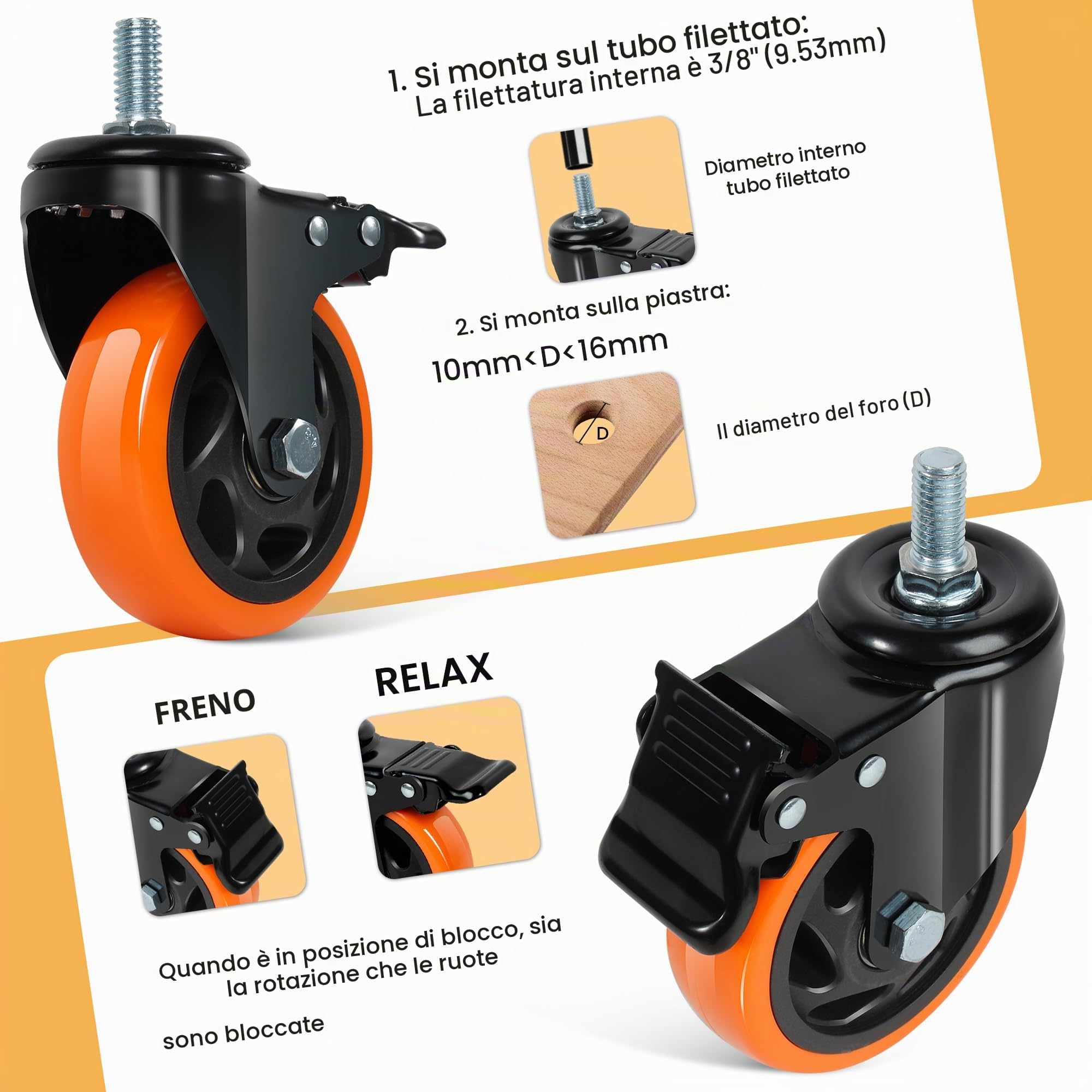 Ruote per Carrello 10mm×25mm(3/8"-16UNC) con Perno Filettato ¢100mm Ruote per Mobili Ruote per Carichi Pesanti Carico 550kg Arancione