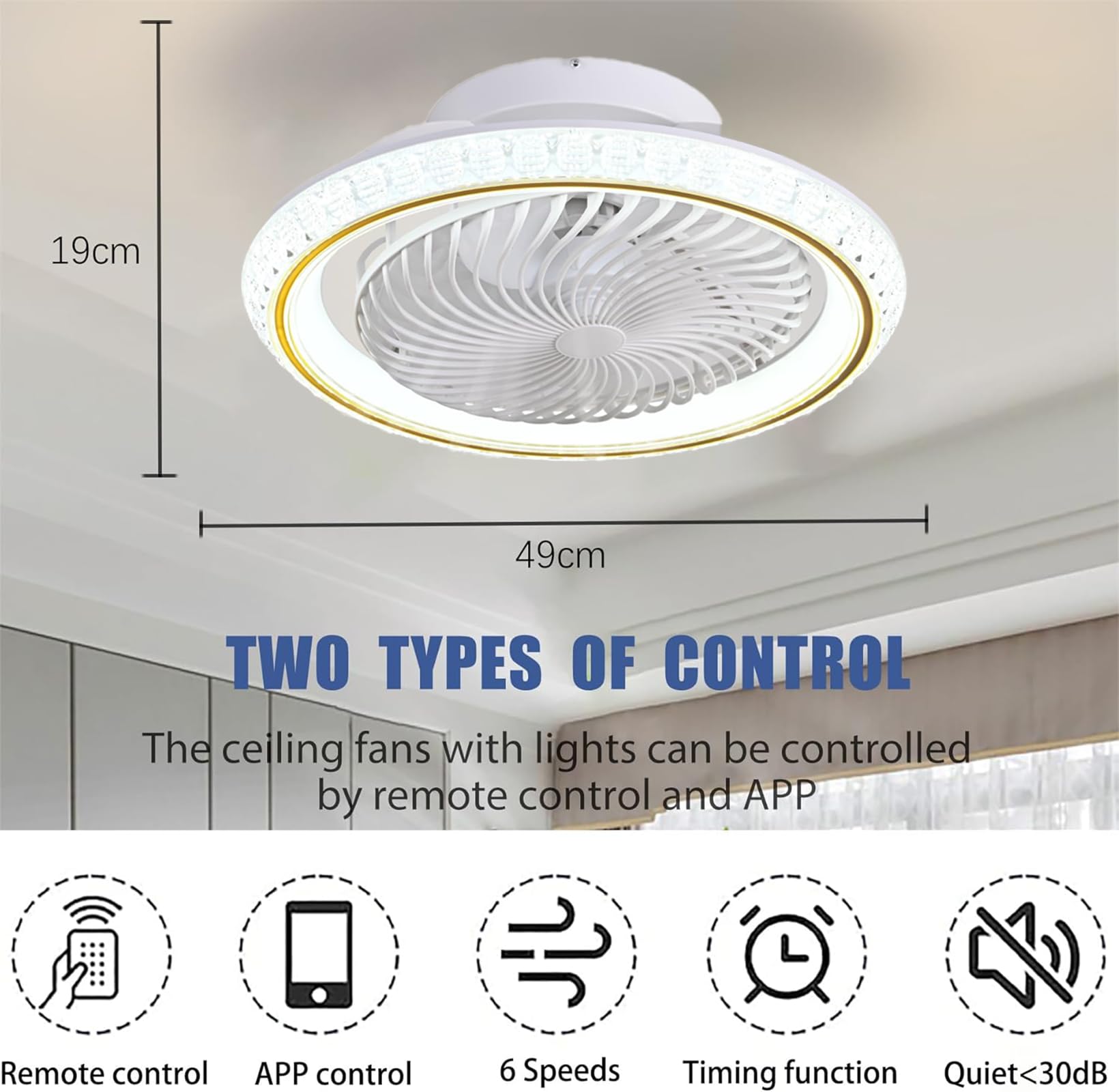 Ventilateur Plafond 49cm avec Lumiere et Télécommande, Silencieux, Rotatif 360°, 6 Vitesses, Dimmable LED 3000-6500K