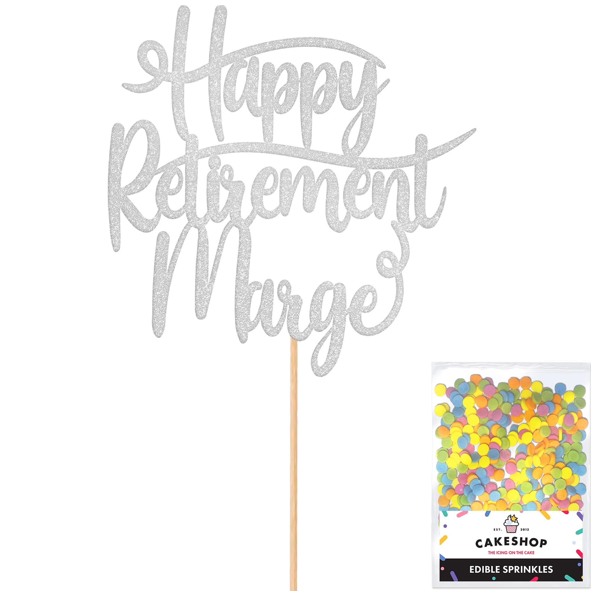 Cakeshop Personalised Happy Retirement Glitter Cake Topper With Sprinkles - Light Silver Custom Colour - Any Name - Double-Sided Glitter Card Cake Decoration - Custom Toppers for Cakes