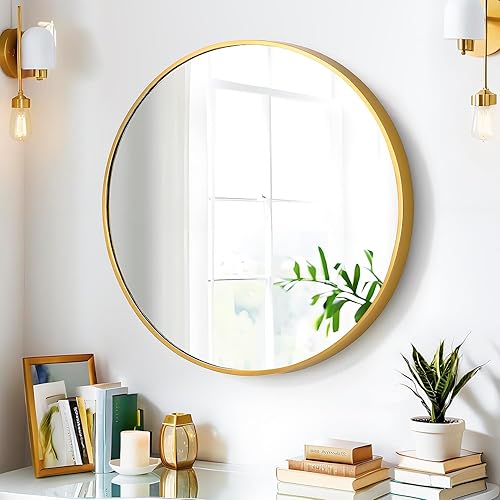Miniatura 7 de FINEWF Espejo redondo de 20 x 20 pulgadas montado en la pared, marco de metal de aleación de aluminio, maquillaje de vidrio HD, para baño, entrada,