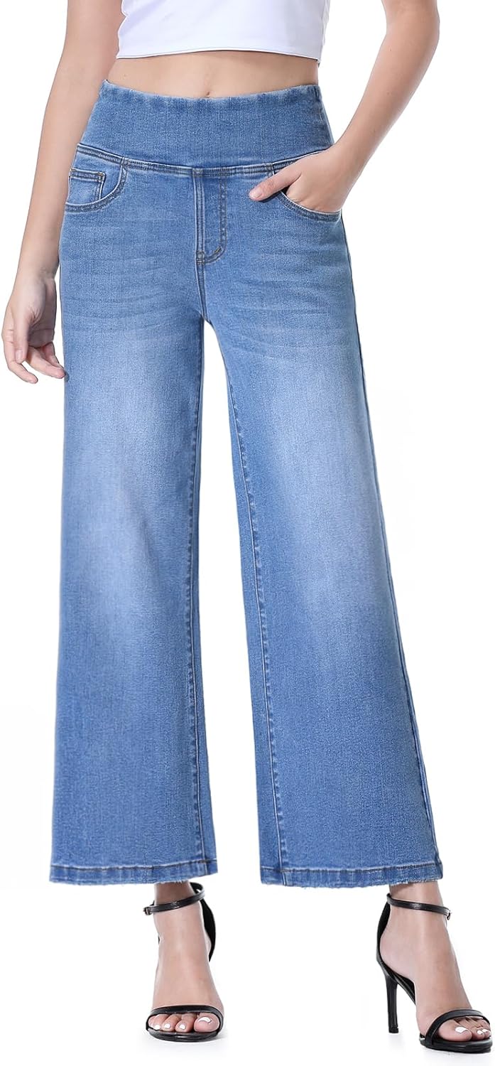 Wide Leg Capri Jeans for Women, Pull on High Waisted Trendy Stretchy Straight Leg Baggy Cropped Tummy Control Jeans