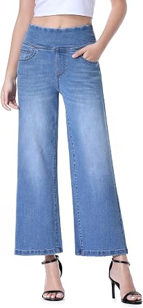 Wide Leg Cropped Jeans for Women, Pull on Elastic Waist Stretchy Capris Ankle Petite Pants