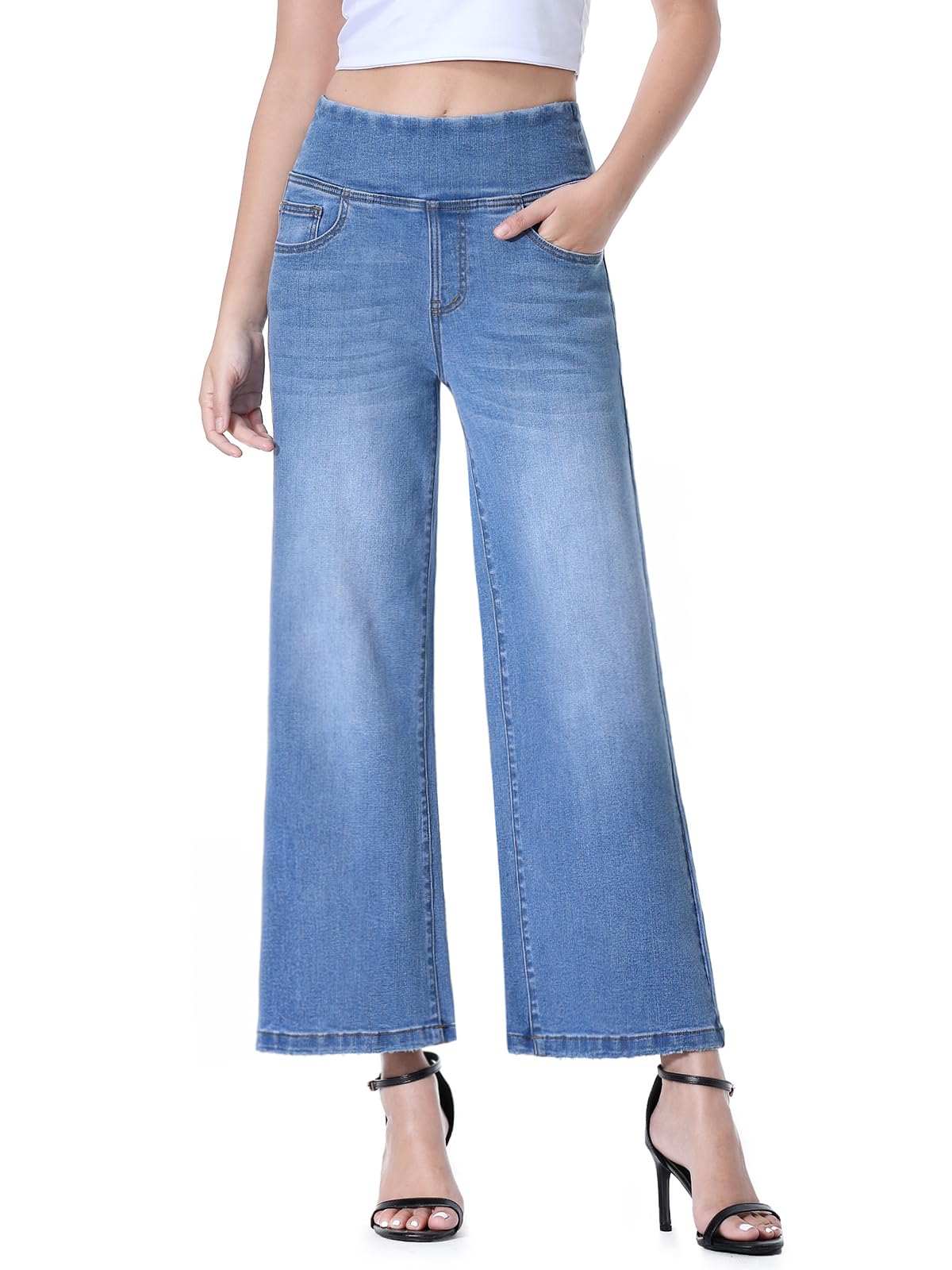 Jeans Donna, Eleganti Pantaloni Estivi Donna Jeans Vita Alta Elasticizzati Jeggings Pantalone Larghi Curvy Palazzo