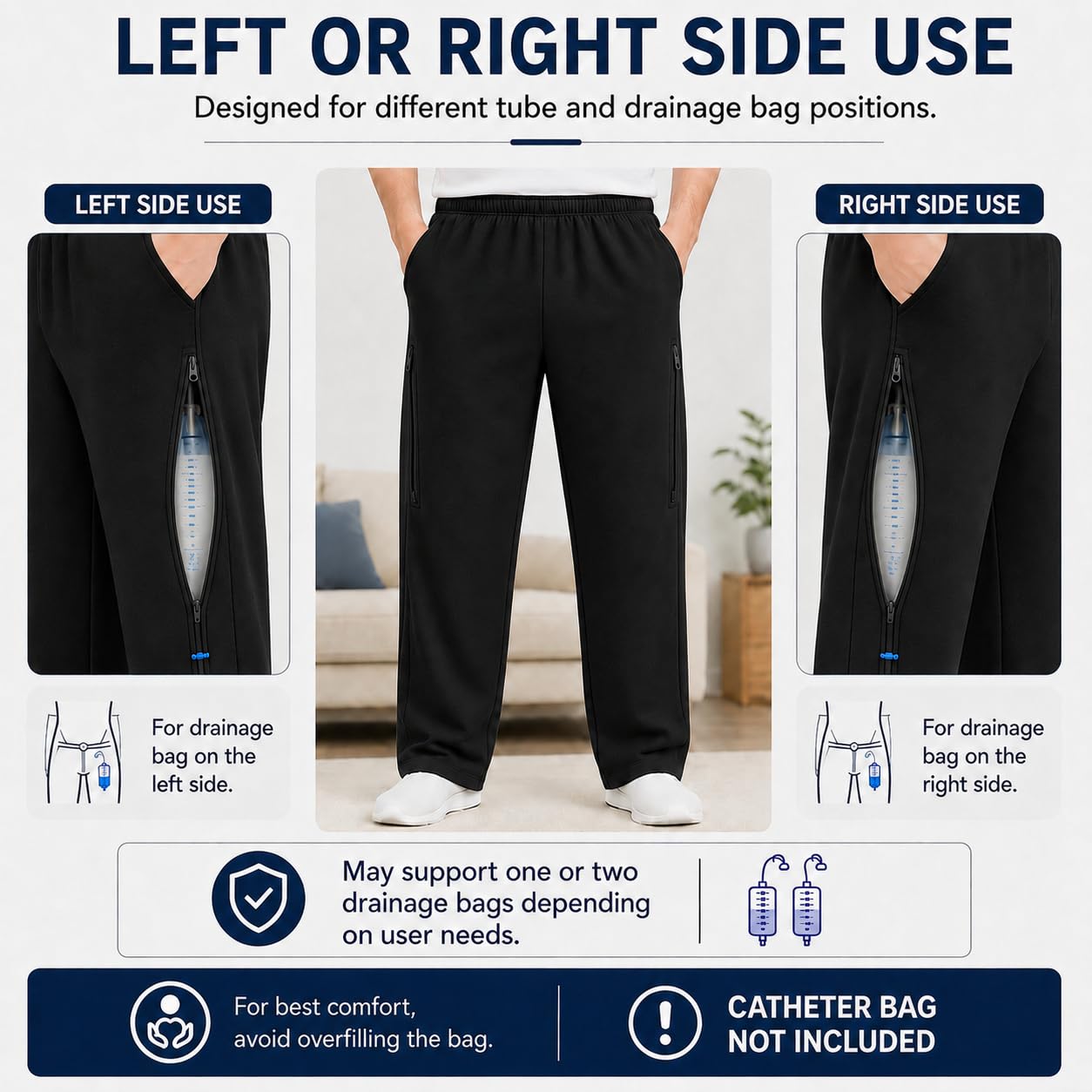Pantaloni per Catetere per Uomo, Pantaloni per Sacca da Gamba per Catetere con Doppie Tasche con Cerniera, Pantaloni per Sacca per Urina