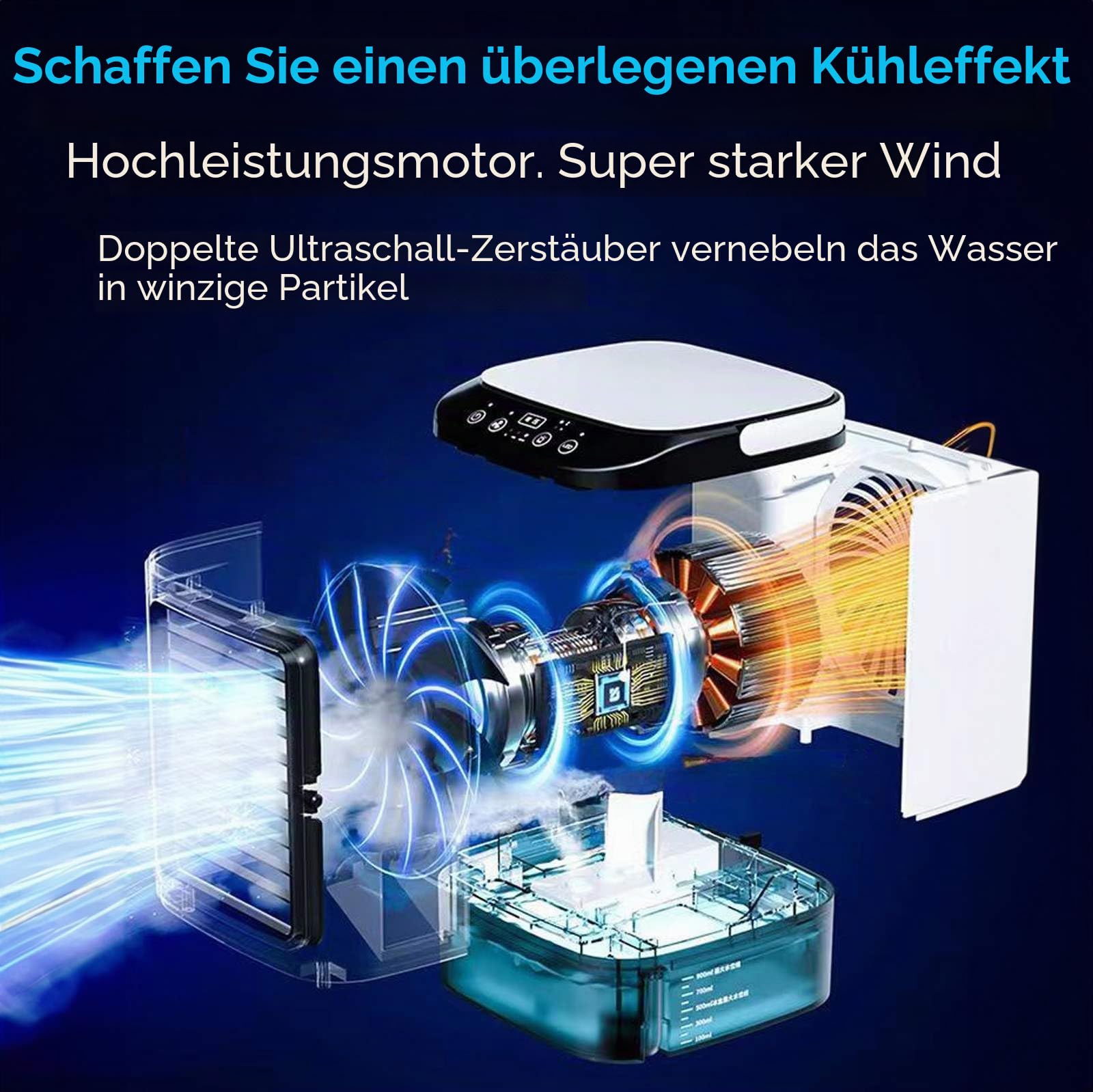 Mobile Klimaanlage 4-in-1 Luftkühler mit Tank 1 l, Luftbefeuchter und Luftreiniger, 3 Geschwindigkeiten, 7 LED-Lichter, leises Klimagerät für Schlafzimmer, Büro