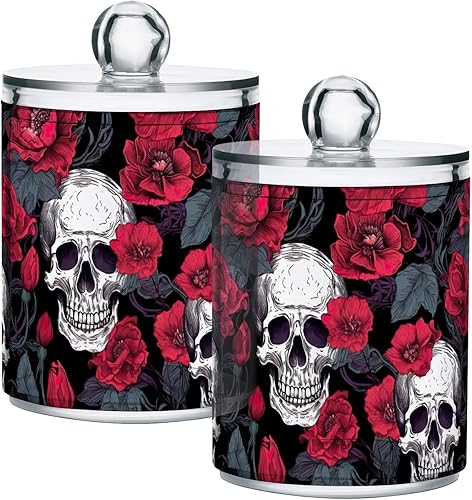 CHIFIGNO Paquete de 2 tarros de plástico transparente de calaveras con flores de amapola rojas, recipientes de plástico transparente para boticario,