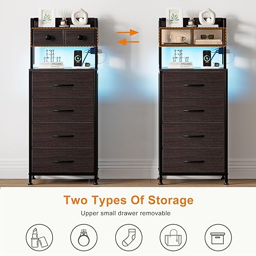 Miniatura 6 de REAHOME Mesita de noche de 41 pulgadas de alto con estación de carga, mesita de noche LED con 6 cajones de tela, mesa auxiliar de cama con estantes