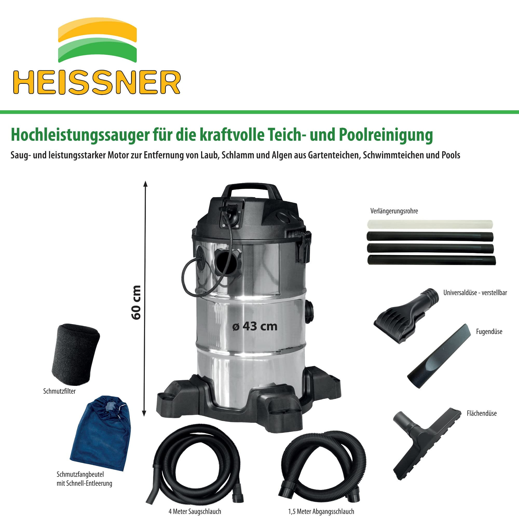 Heissner F638P-00 Aspirateur de boue de bassin en acier inoxydable