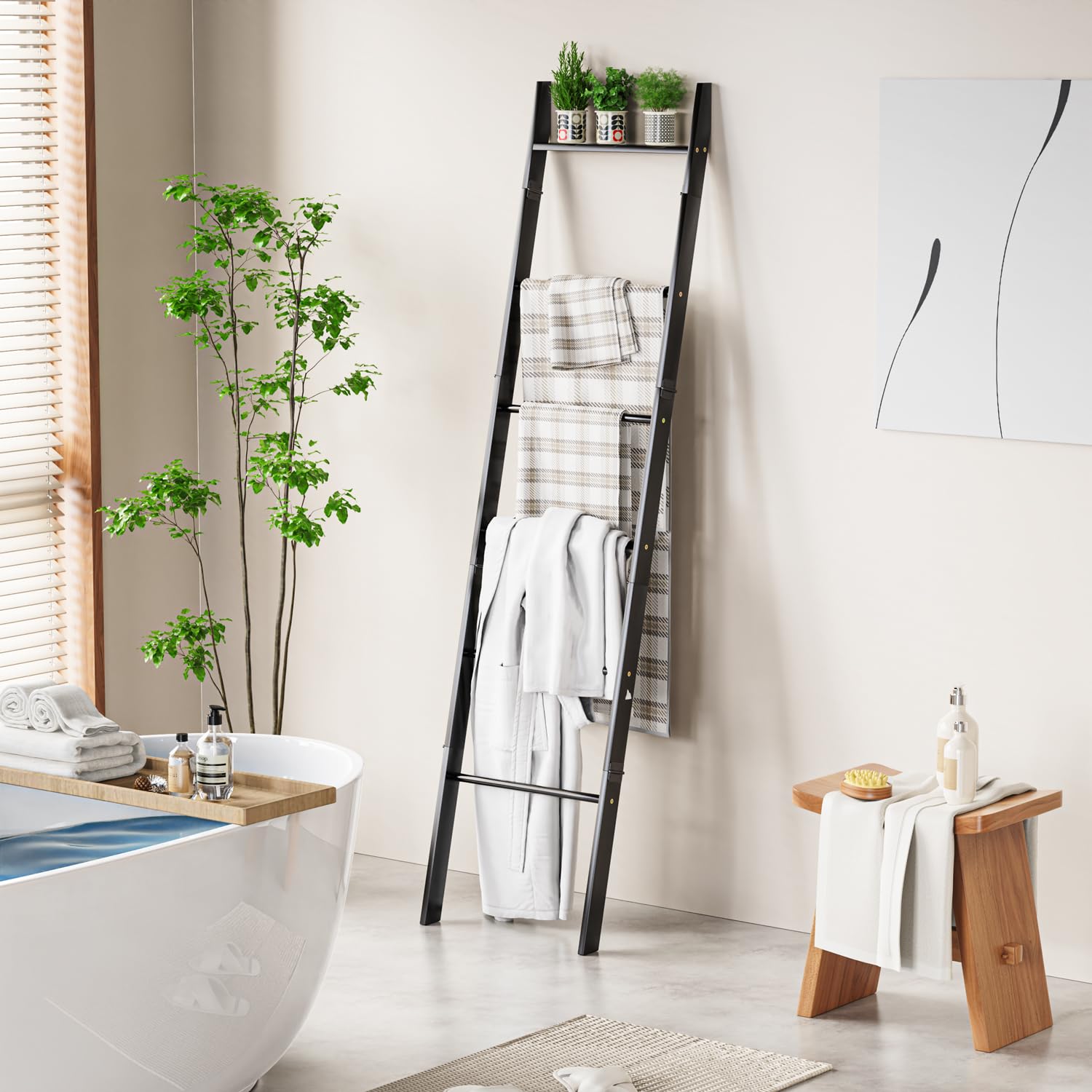 BAMBANG Scaletta porta asciugamani in legno, 180 cm, scaletta decorativa per camera da letto, scala in legno, porta asciugamani, scaletta in piedi, per bagno, bianco