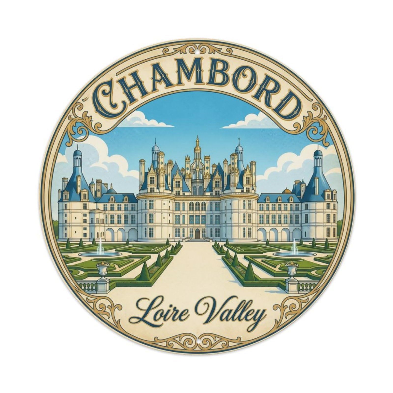 Vintage Travel Chambord France Loire Metal Tin Sign Plaque Wall Decor for Cafe, Club, Garden Round Metal Poster 8x8Inch