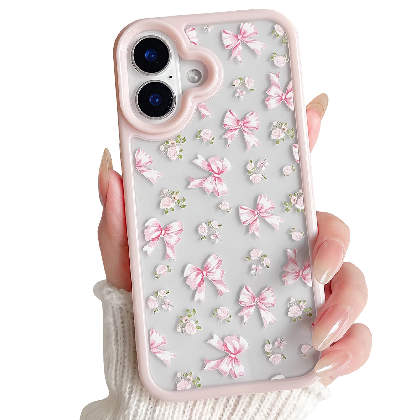 Lovmooful Compatible for iPhone 16 Case Cute Clear Bowknot Ribbon Flower Floral Design with Bumper Protector for Girls Women Soft TPU+PC Shockproof