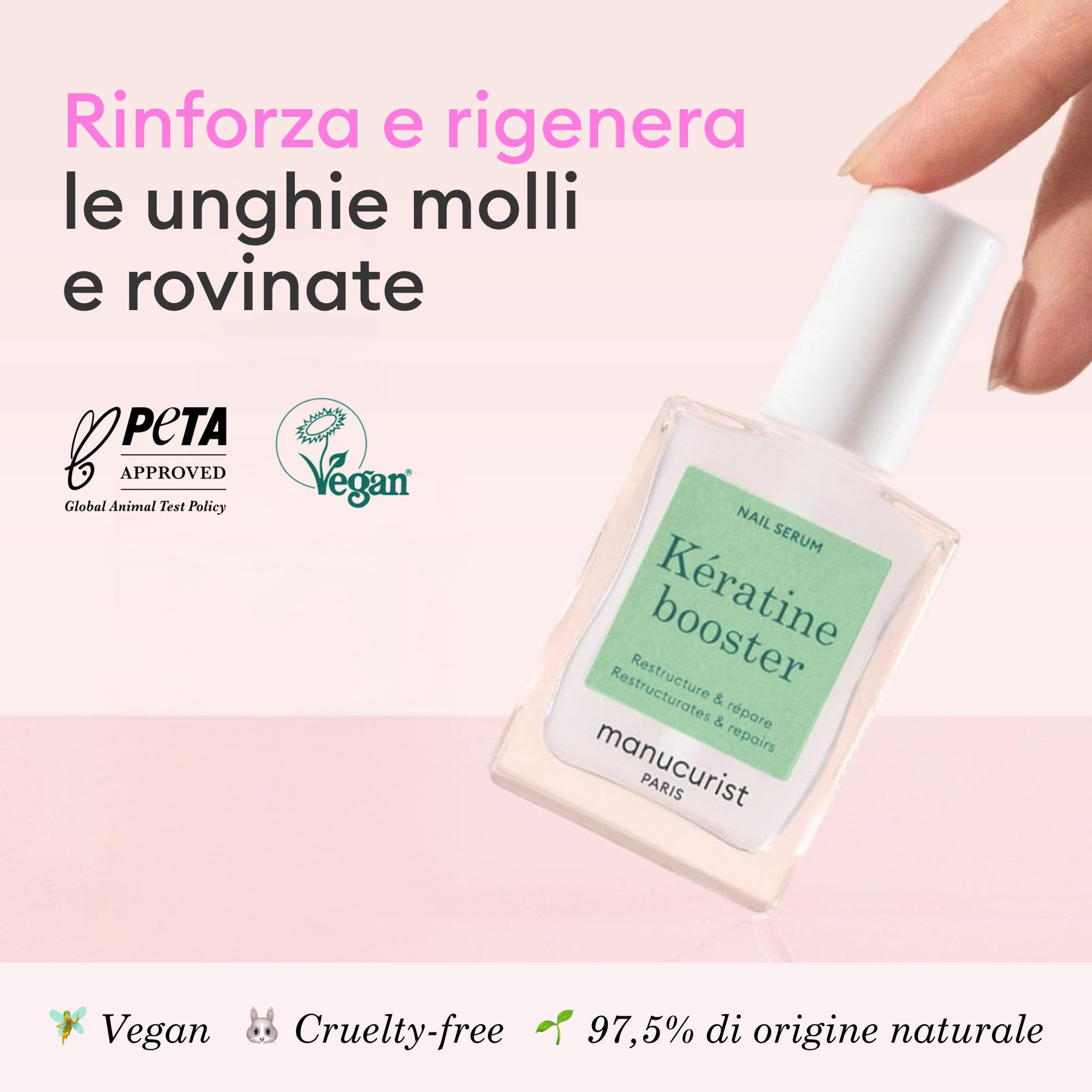 Manucurist Kératine Booster - Indurente Unghie - Smalto Rinforzante Unghie Fragili - Cheratina vegetale, AHA, PHA, MSM, Silicio e Vitamina B8-97,5% ingredienti di origine naturale