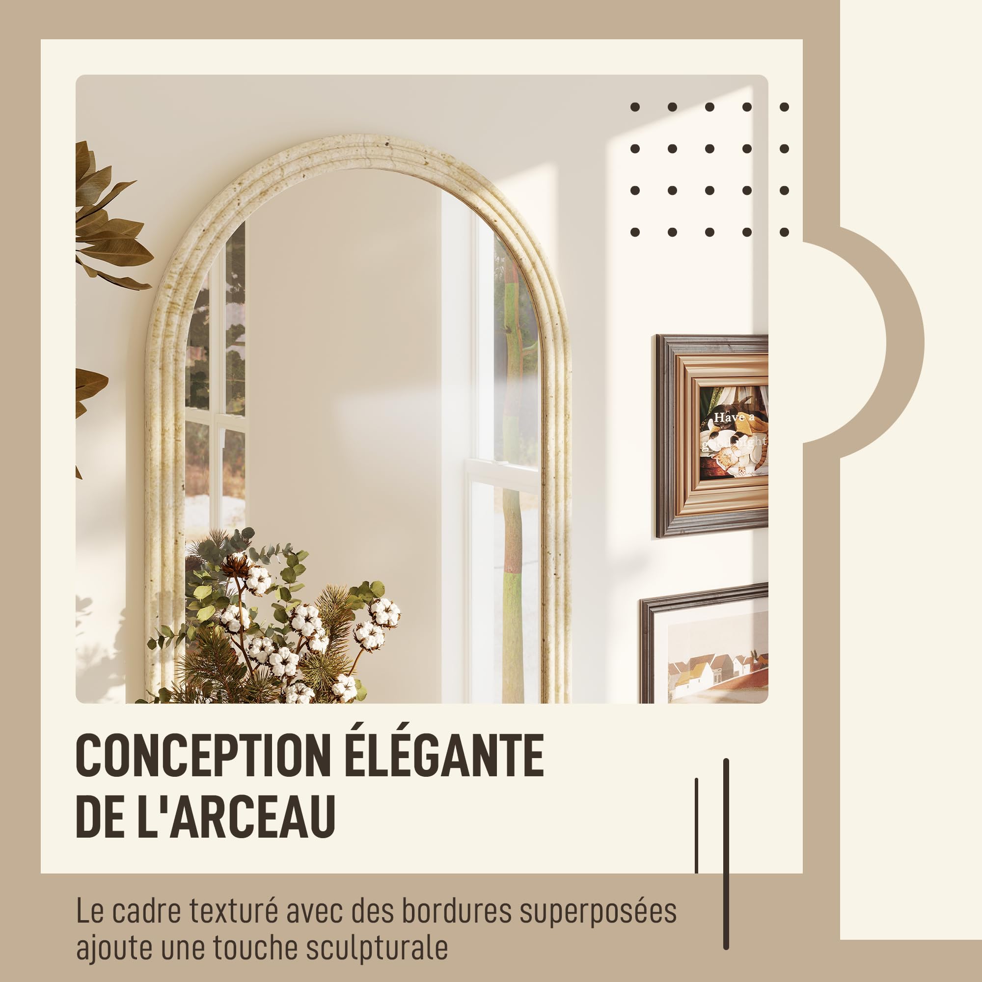 HOMCOM Miroir Mural Arqué Moderne Bord Rainuré Crochets 50 x 70 cm Beige