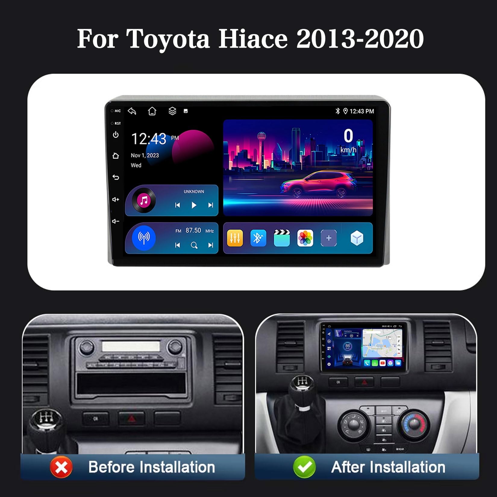 HIBIYA Radio samochodowe z systemem Android 14 do Toyota Hiace 2013-2020 9-calowy ekran dotykowy z GPS USB WiFi wsteczna kamera RDS Mic obsługa Carplay DSP sterowanie kierownicą(T1 8 rdzeni 8 + 128G)