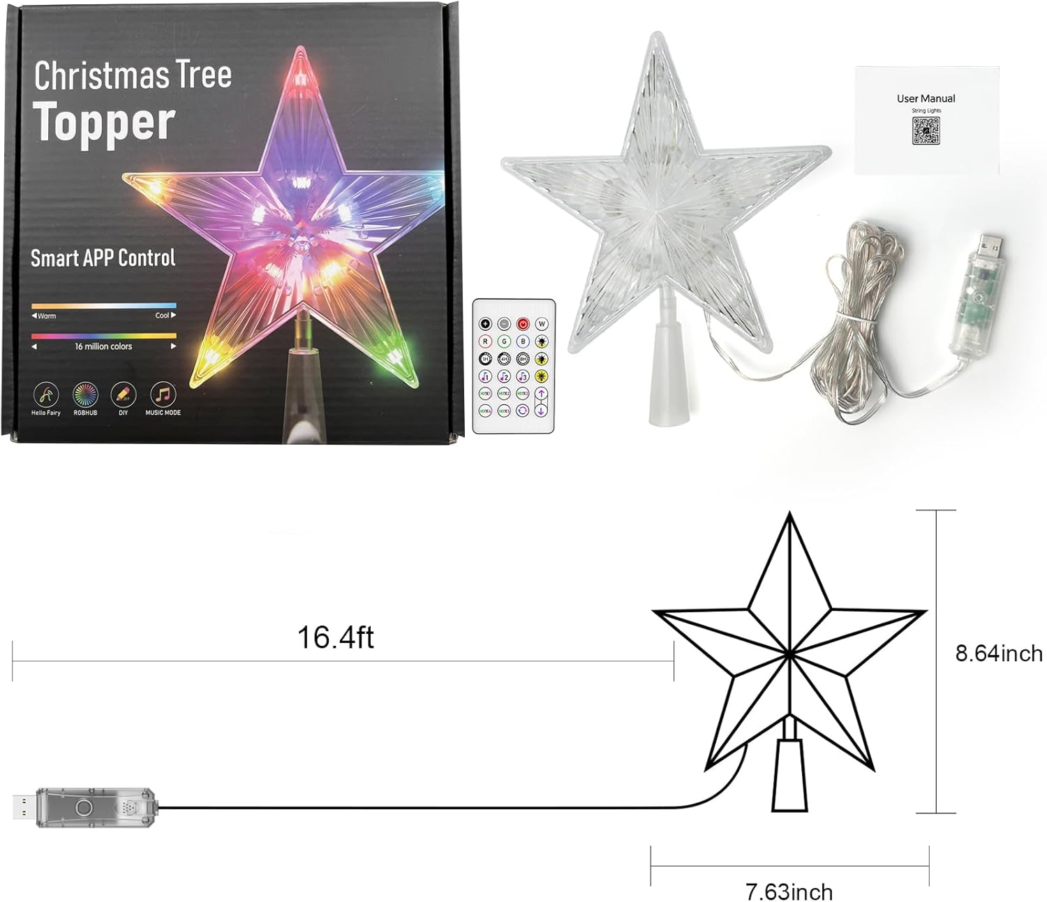 7.6" Christmas Tree Topper Star, RGB LED Lighted Star Tree Top w/Remote Control&APP, Scene Mode, DIY, Dimmable, Timer, Multicolour Lighted Treetop for Xmas Trees Holiday Party Gift Decorations