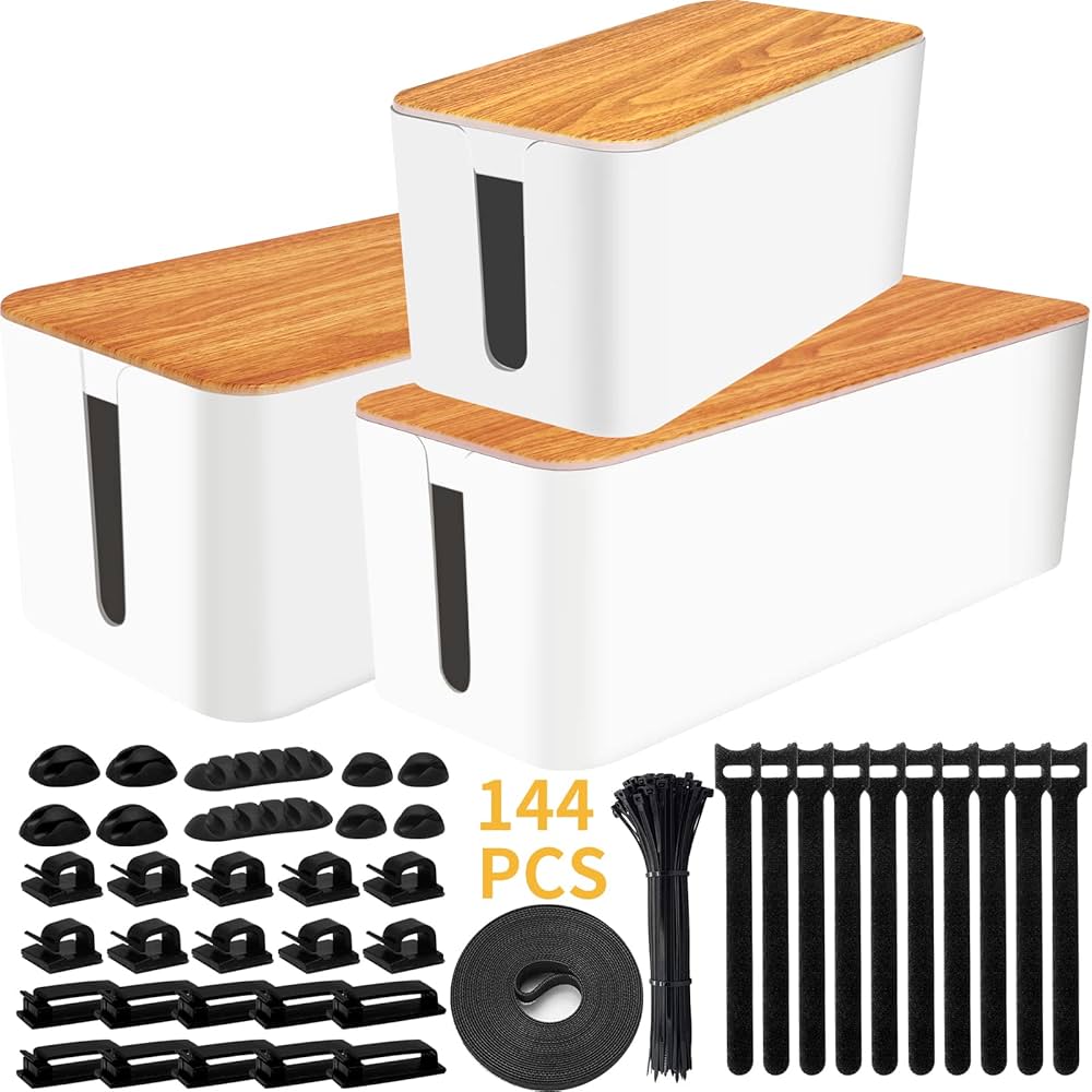 Cable Management Box 3 Pack with 141PCS Cable Management Kit for Power Strip to Hide Wires,Cord Organizer Boxes,Safe ABS Material Wire Organizer of Cable Clips Sleeve for Home & Office