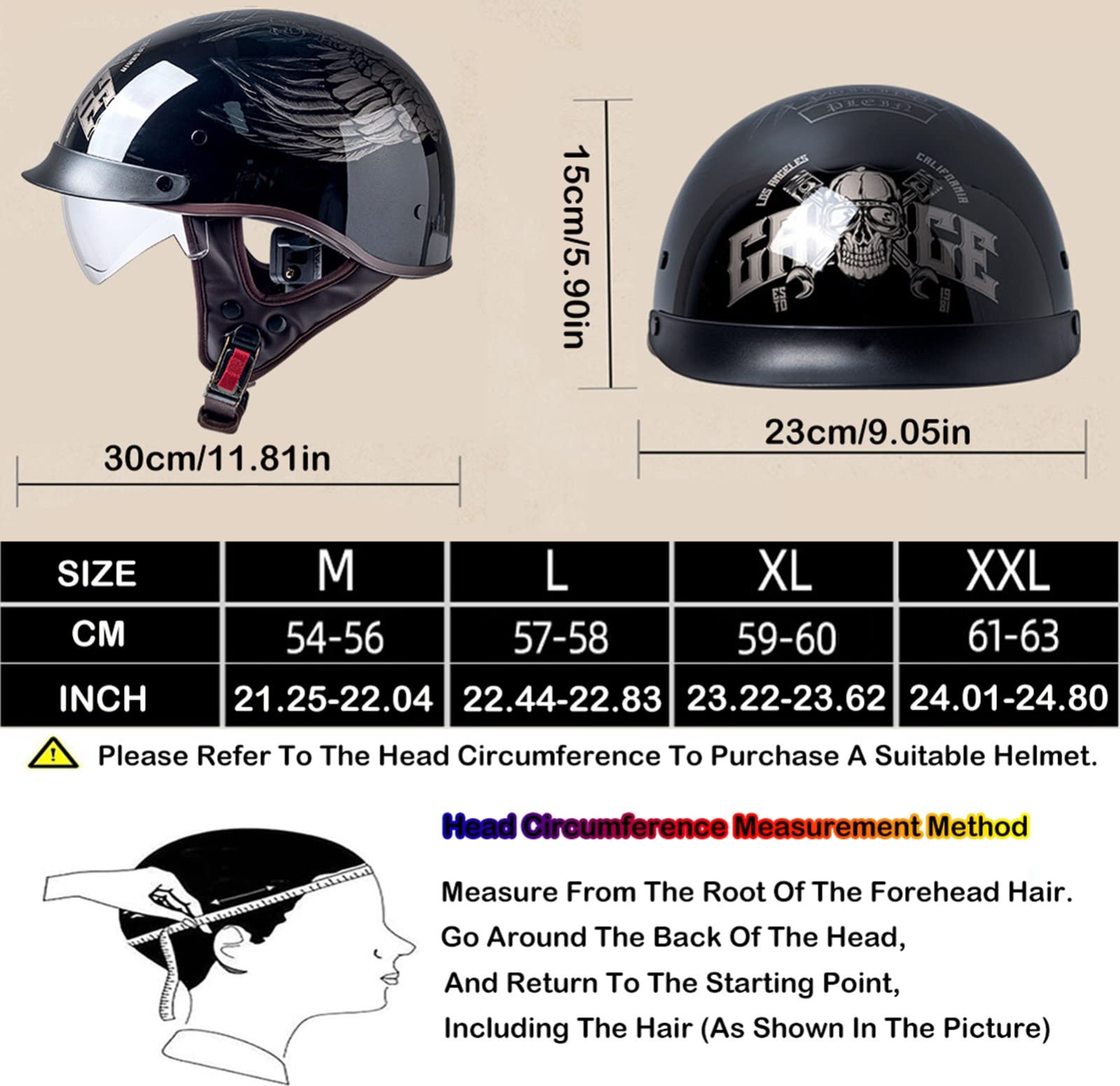 Medio Casco Motocicleta para Adultos, Casco Abierto con Visera, Casco Scooter ATV Casco Seguridad Certificado ECE D,XX-Large