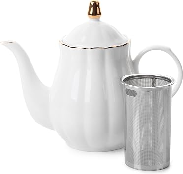 BTaT- Porcelain Tea Pot with Stainless Steel Infuser, 32 oz, White, Tea Pot with Gold Trim, Teapot with Infuser, Porcelain Teapot, Tea Brewing Pot, Teapots for Loose Tea