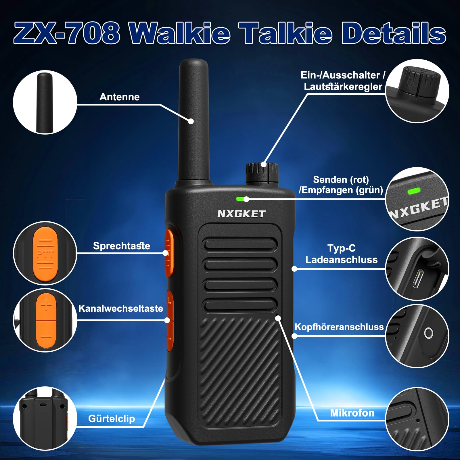 Walkie Talkies für Erwachsene, Lizenzfrei Professionelle PMR446 Walkie-Talkies mit 1500-mAh-Akkus, 5KM Große Reichweite, 16 Kanälen, 2-Wege-Funkgerät für Camping, Arbeit Kommunikation, 4er Set