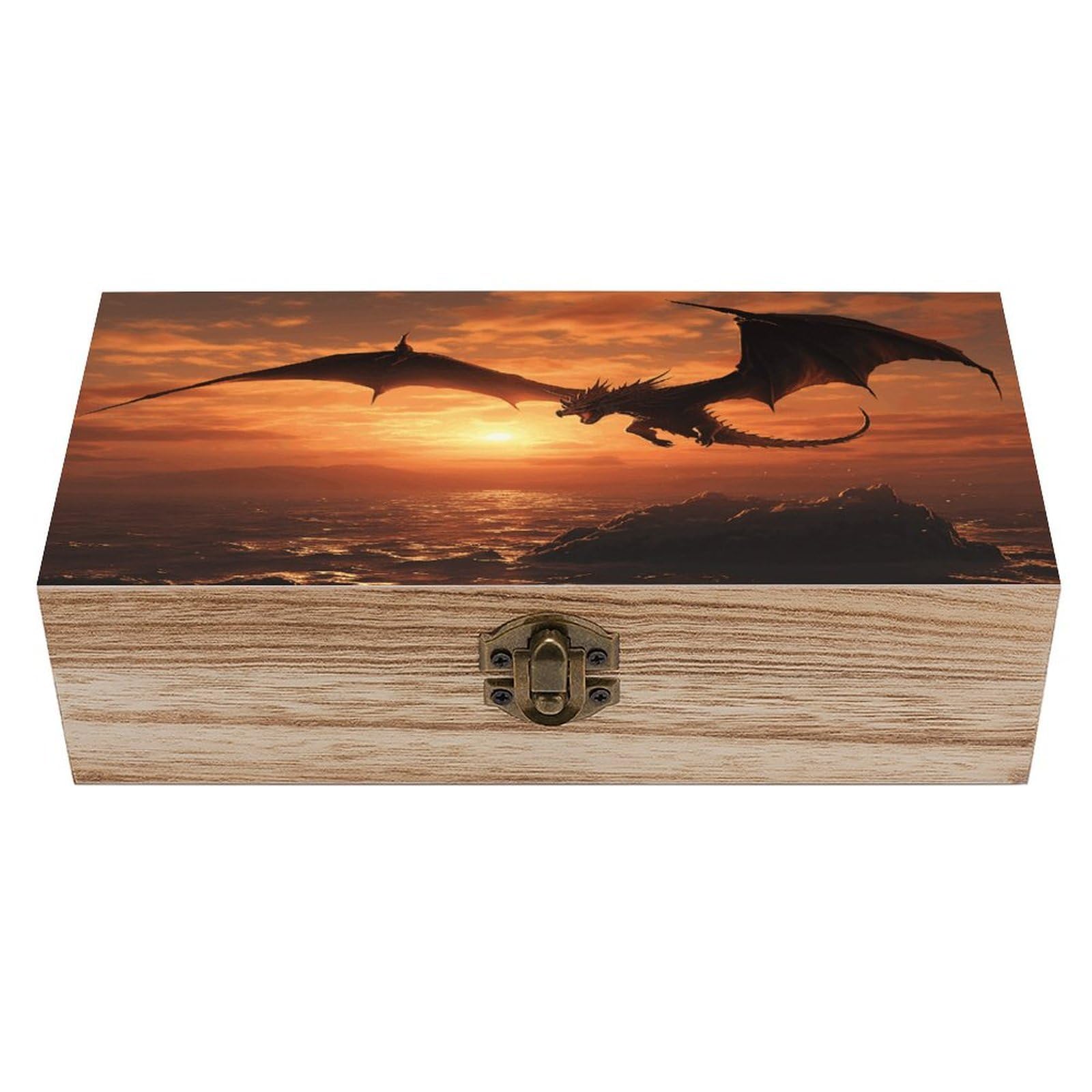 Adfgyerh Style Sea Sunset Flying Dragon Bins Solid Wood，Jewelry Box Retro And Exquisite，Storage Box Used For Storing Photos, Souvenirs, Letters, Gifts, And Jewelry.