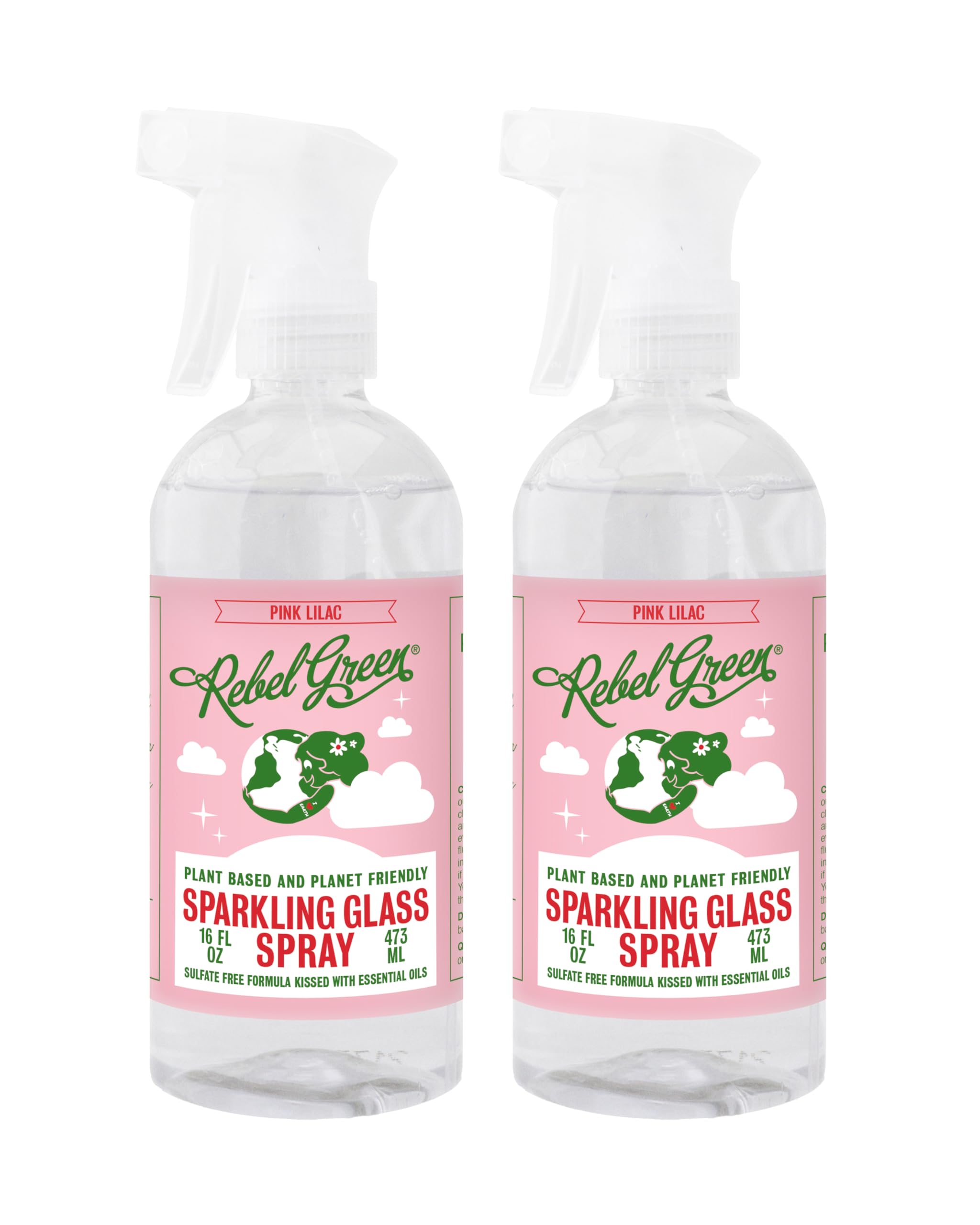 Rebel Green Sparkling Glass Spray - Streak-Free Natural Glass Cleaner for Windows, Mirrors, and Surfaces - Pink Lilac Scent - 16 oz - 2 Pack
