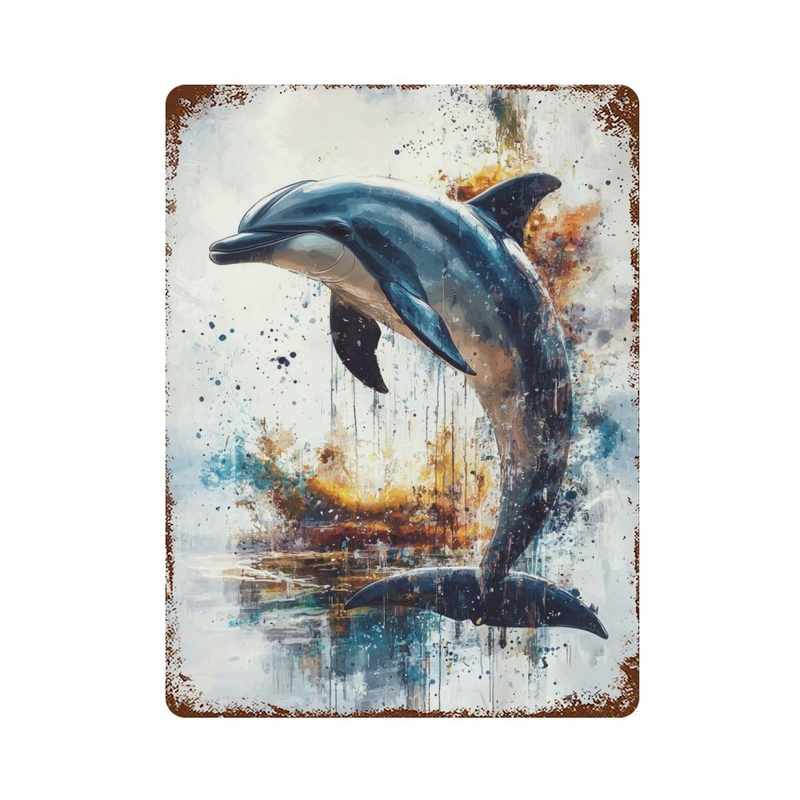 Dolphin Watercolor Art 15.7"x11.8" Vintage Rust Metal Sign, Shabby Chic Decor for Garage, Bar And Workshop Decor
