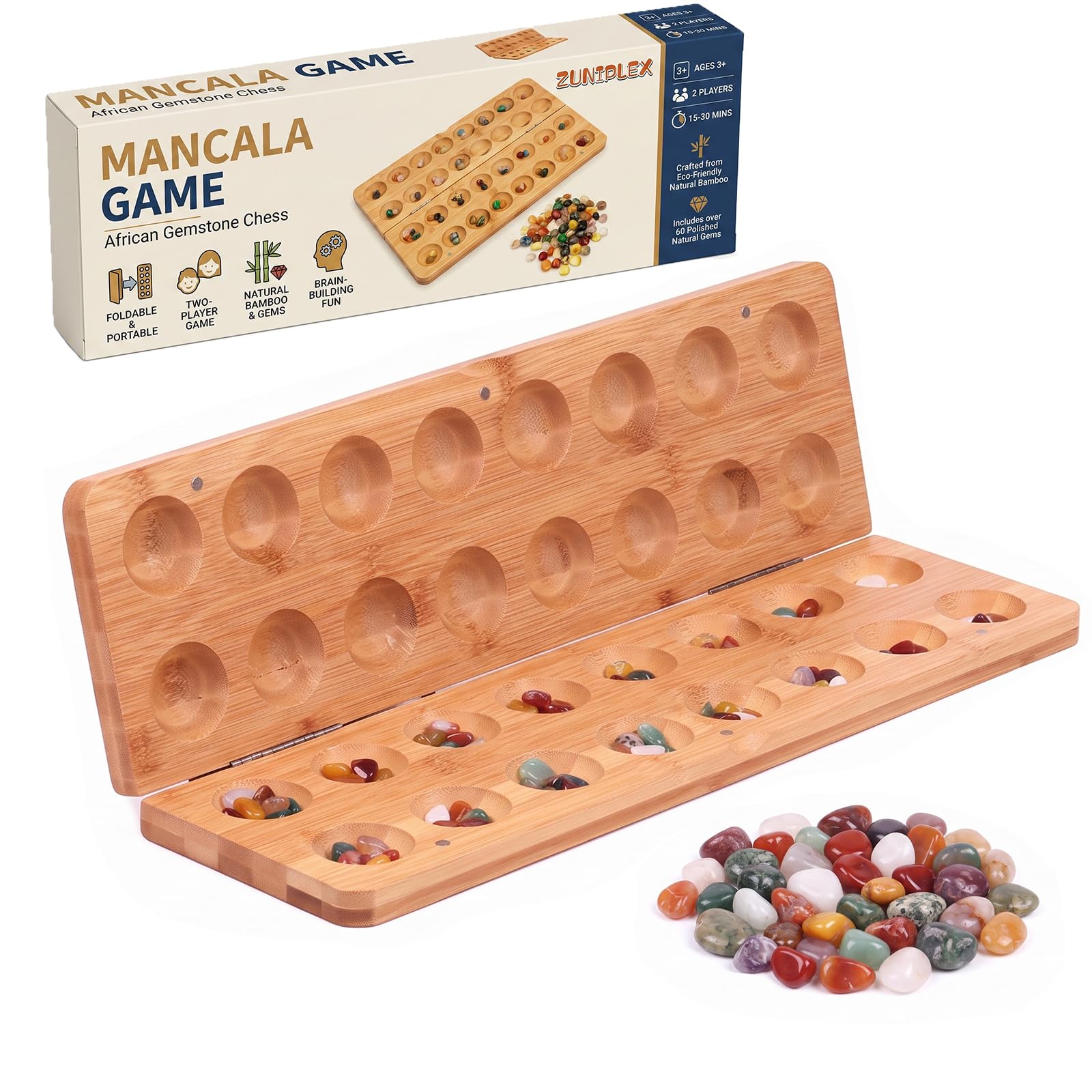 ZUNIPLEX Mancala Board Game,Kalaha Board Game Folding Wooden Board