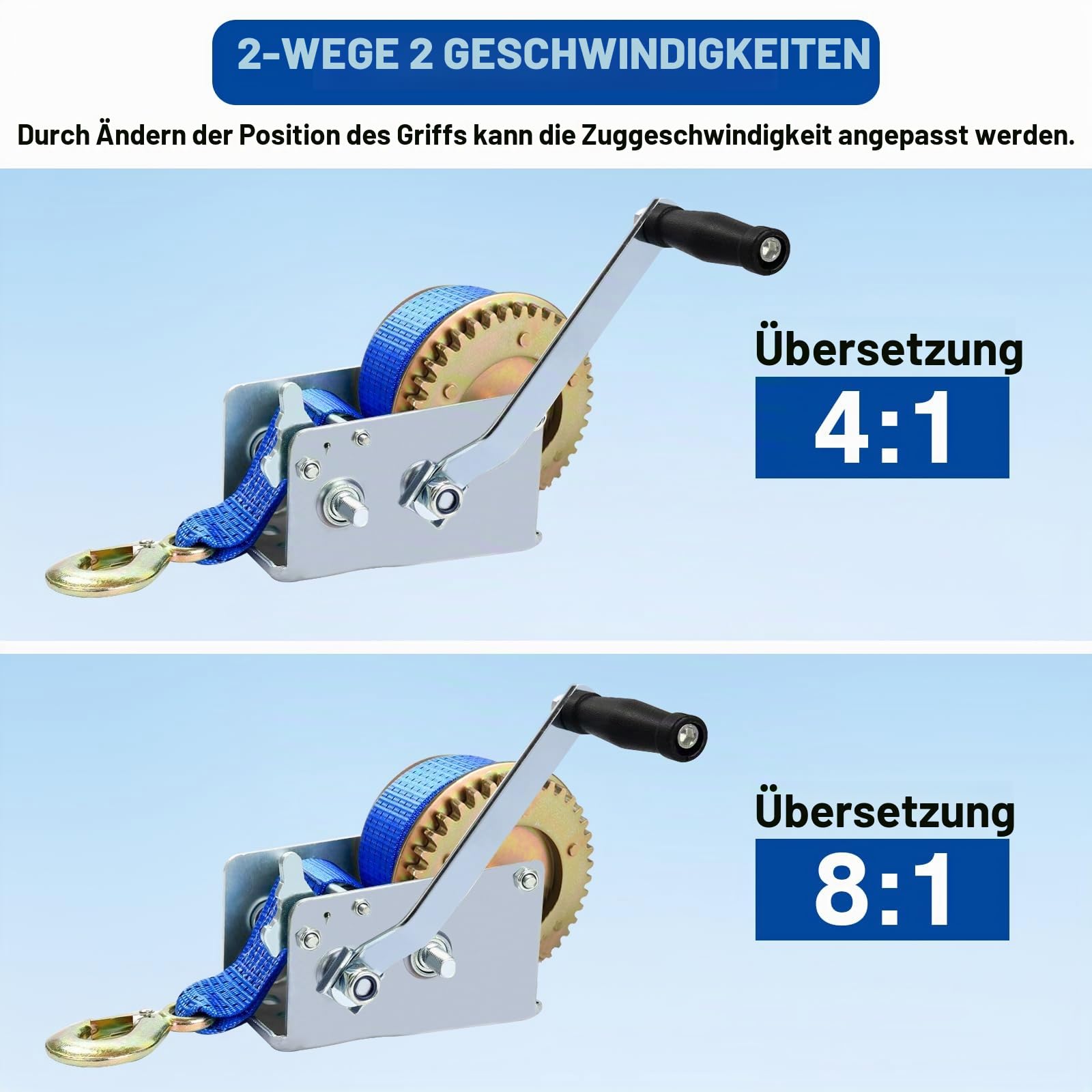 FreeTec Handwinde 1130 kg Gurtwinde Winde mit Blau Gurt Bergungswinde Bootswinde Handwinde Winde (10m 2500lbs)