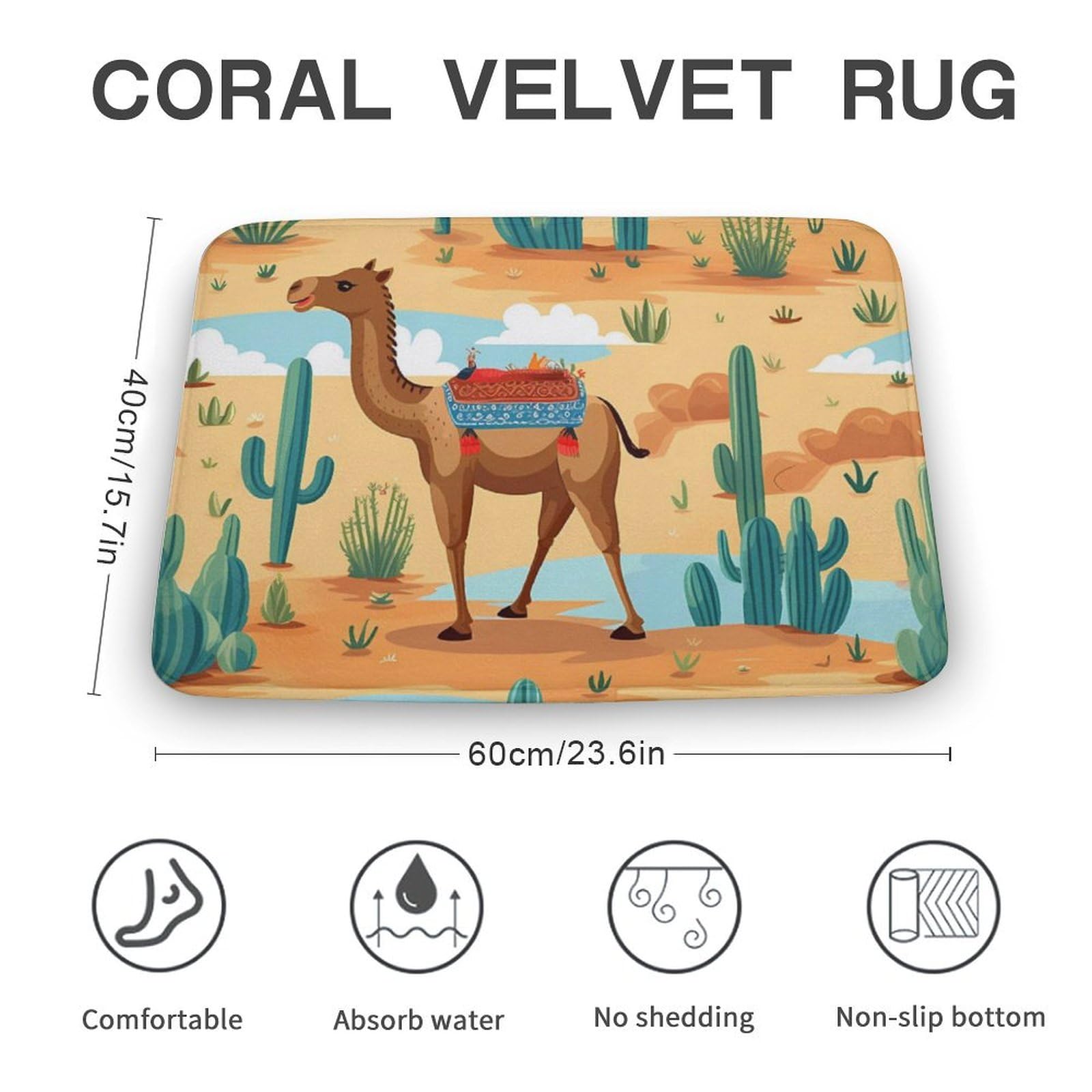 Cartoon Cactus and Camels Coral Velvet Rugs Non-Slip Bathroom Rugs Soft Kitchen Rug Floor Carpet for Home Decor 15.7