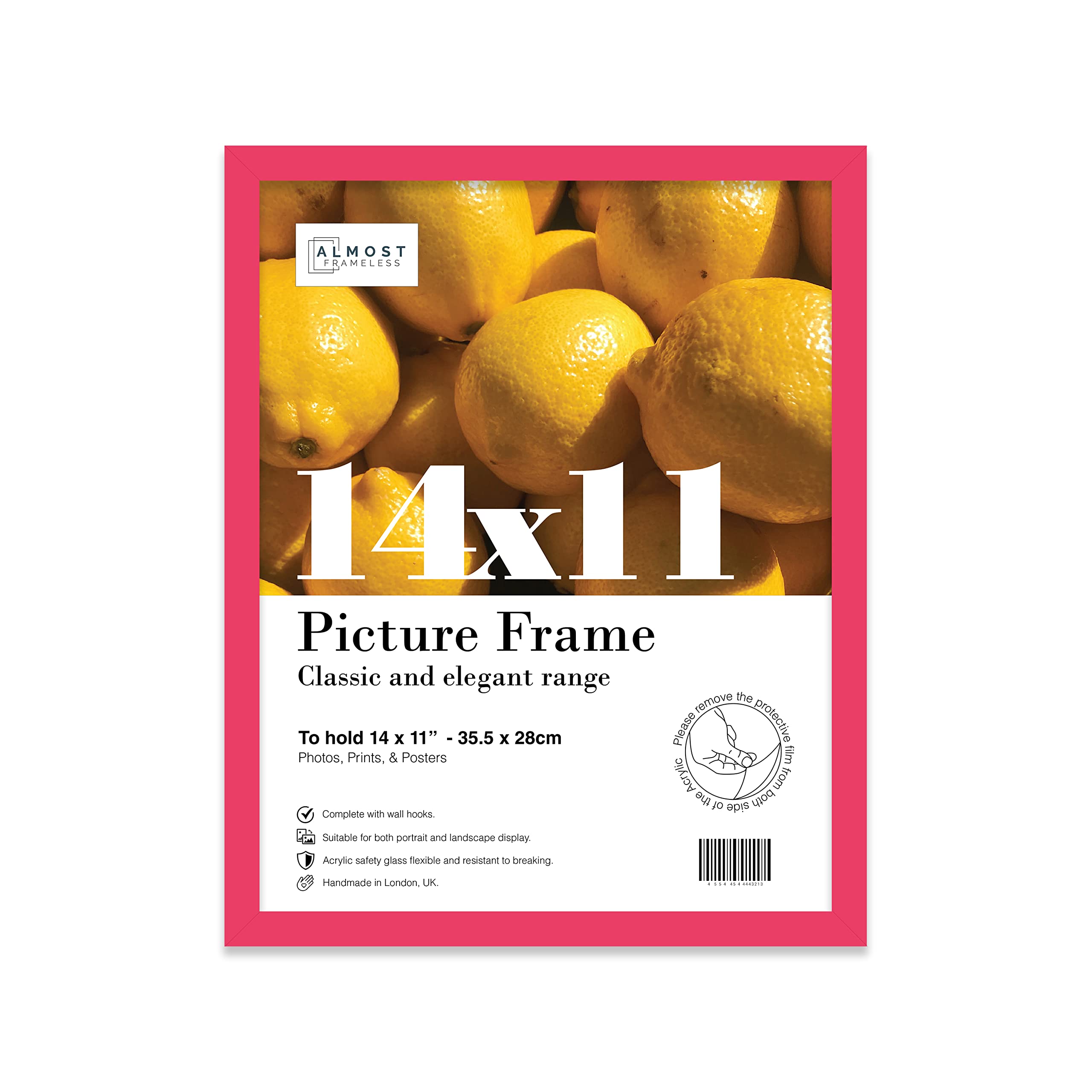 Almost Frameless 14x11 Bright Pink Picture Frame 14"x11"(35.6x27.9cm) Poster, Photo, Artwork, or Print. Thin Edge Slim Frame Portrait and Landscape Display with Wall Hooks