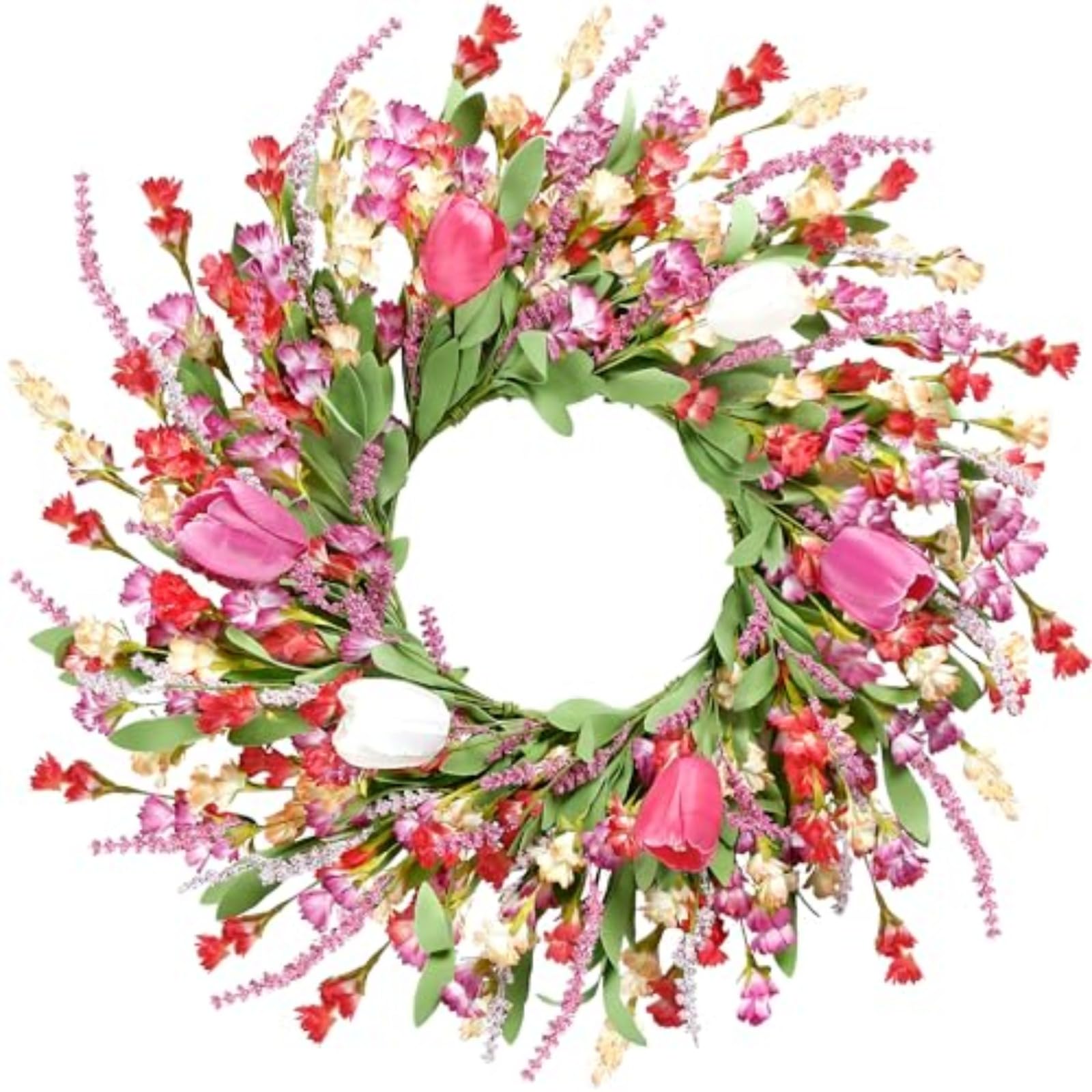 Artificial Tulip Wreath 45cm All Season Pink Red Floral Wreath with Lavender Greenery for Front Door Indoor Outdoor Multi-Scene Home Decor (Pink,55cm)