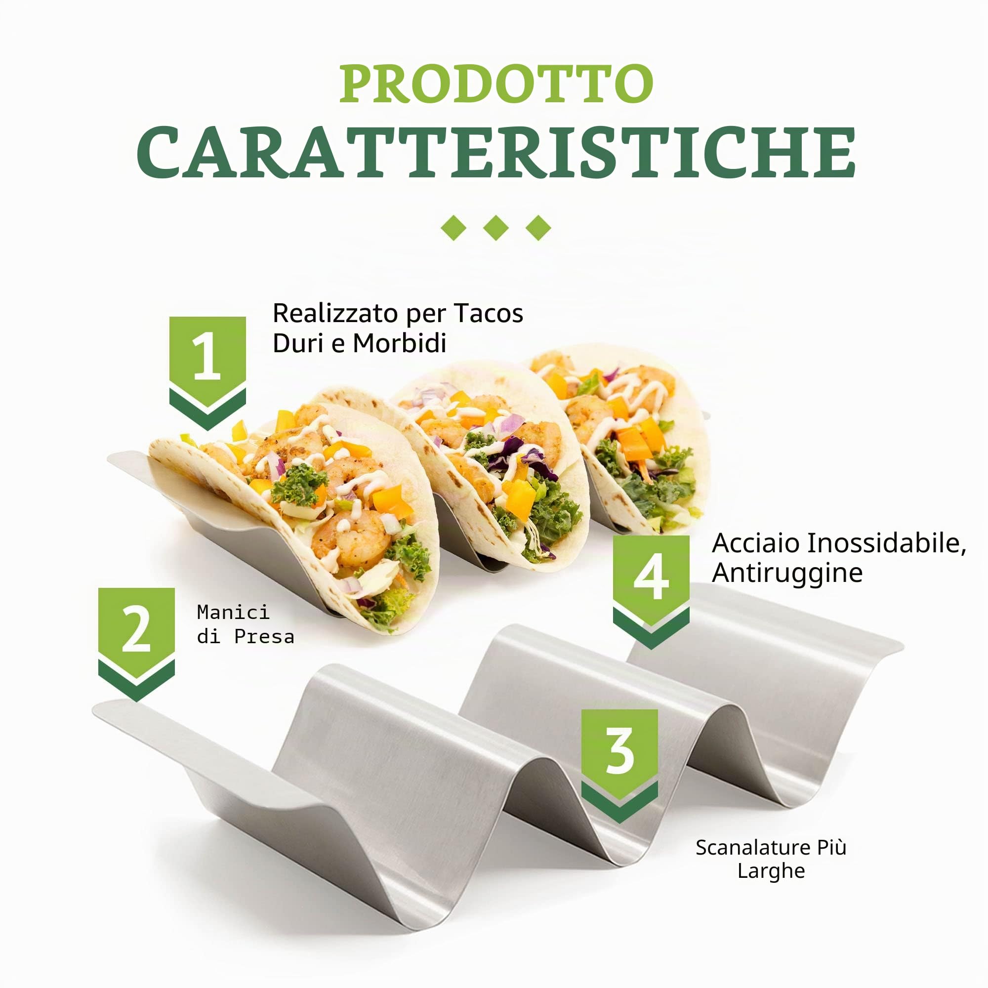 Porta Tacos Acciaio con Base Scanalata, Set 6 per Tacos Messicani e Tortilla, Ideale come Chef Accessori e Accessori Griglia per Forno o BBQ