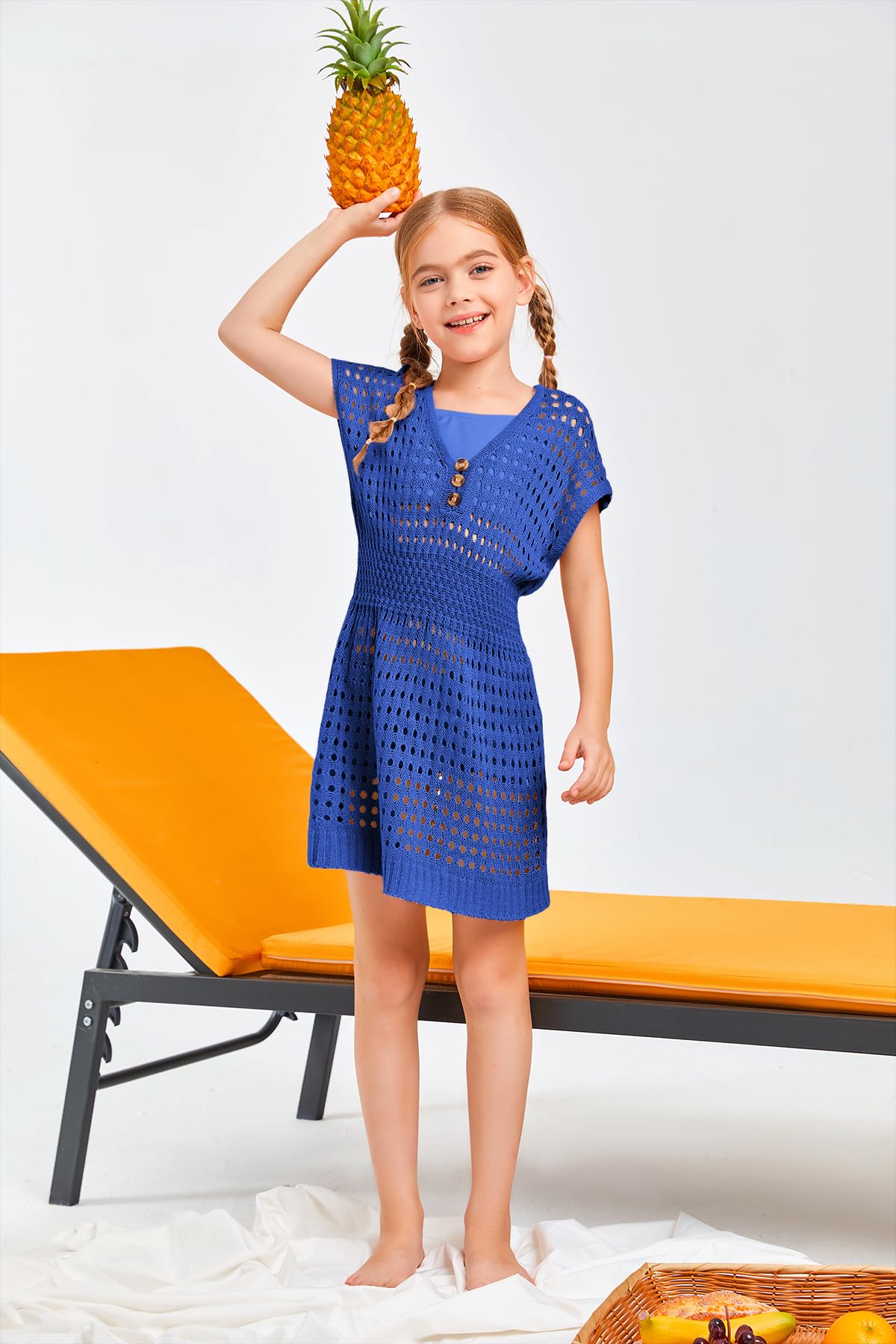 Haloumoning Costume da bagno da bambina all'uncinetto per bambini, a maniche corte, con bottoni, 5-14 anni