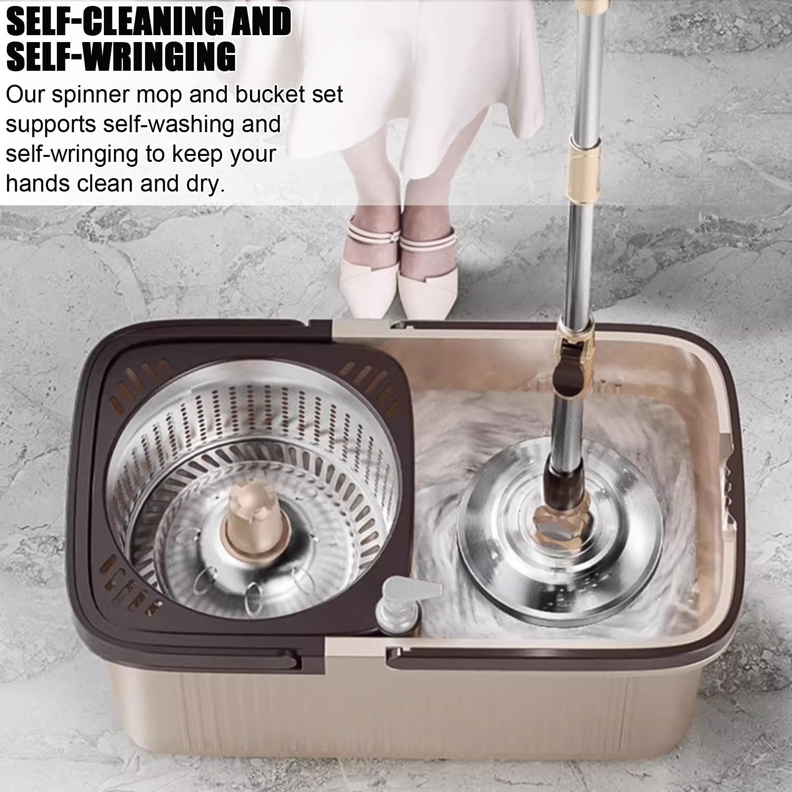 Este Conjunto de fregona y Cubo Giratorio Cuenta con un Sistema de autolimpieza y autoescurrido, un Mango Extensible de 123 cm y 4 recambios de mopas de Microfibra, Ideal para Todo Tipo de s