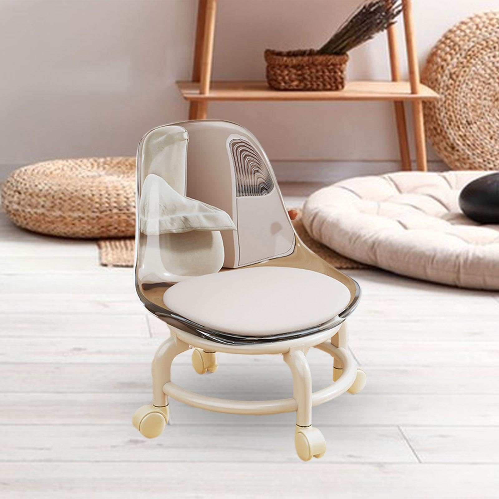 Taburete bajo con ruedas, asiento rodante y polea, color blanco