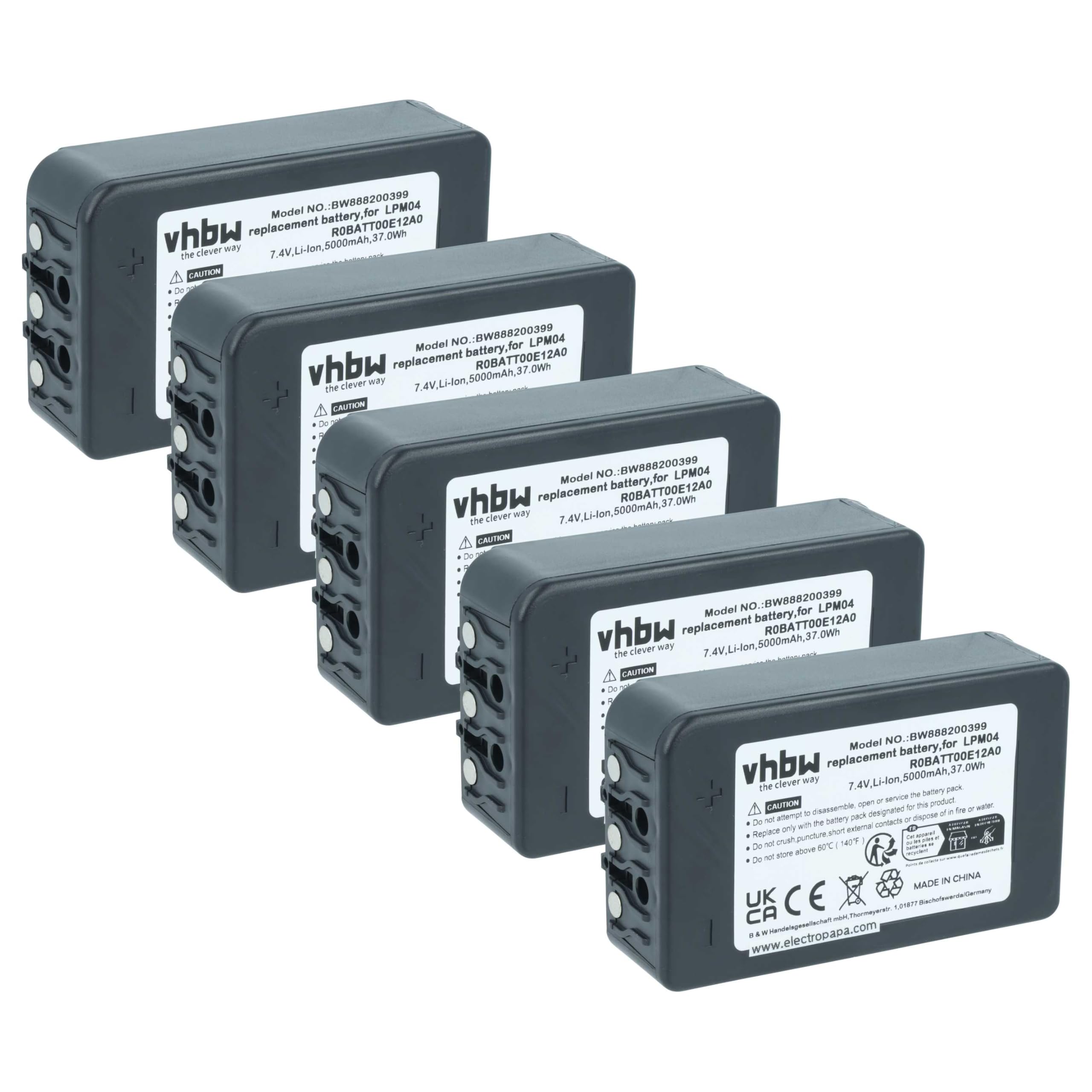 vhbw 5X Bateria zamienna do Autec R0BATT00E12A0, LPM04 dla przemysłowego pilota zdalnego sterowania (5000mAh, 7,4V, Li-polimer)