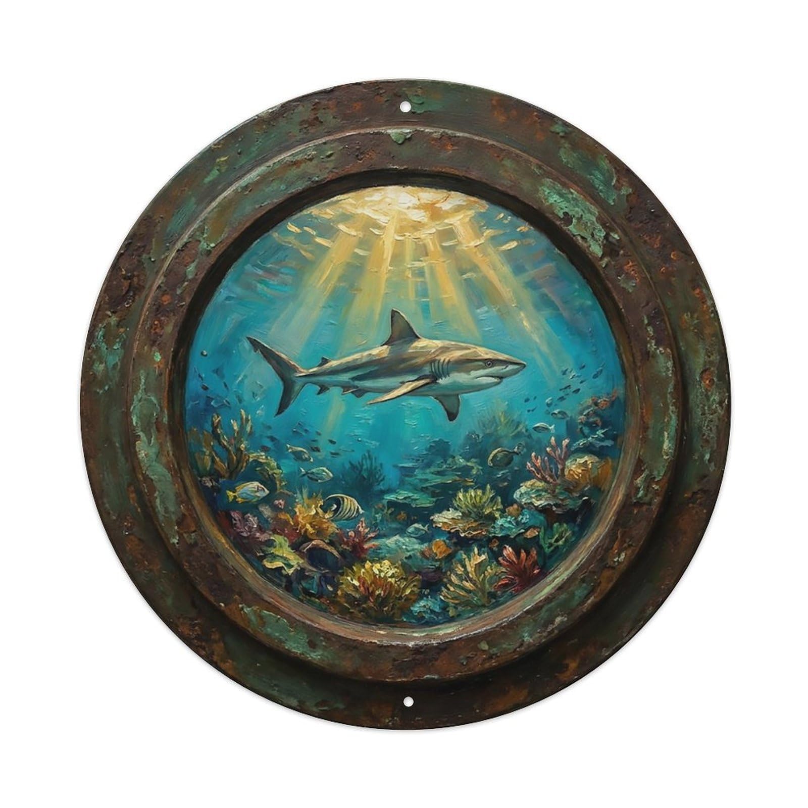 Vintage Porthole Reef Shark Patrolling Ship Window Undersea Deep Sea Metal Tin Sign