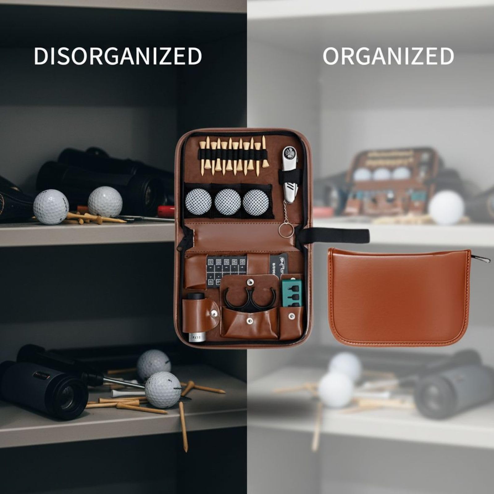 Golf-Zubehör Leder-Werkzeugtaschen-Set, tragbares Golf-Geschenkset mit mehreren Fächern, mit Entfernungsmesser-Fach und elastischem Band, leichter Organizer mit Reißverschluss, 25 x 17 x 6 cm