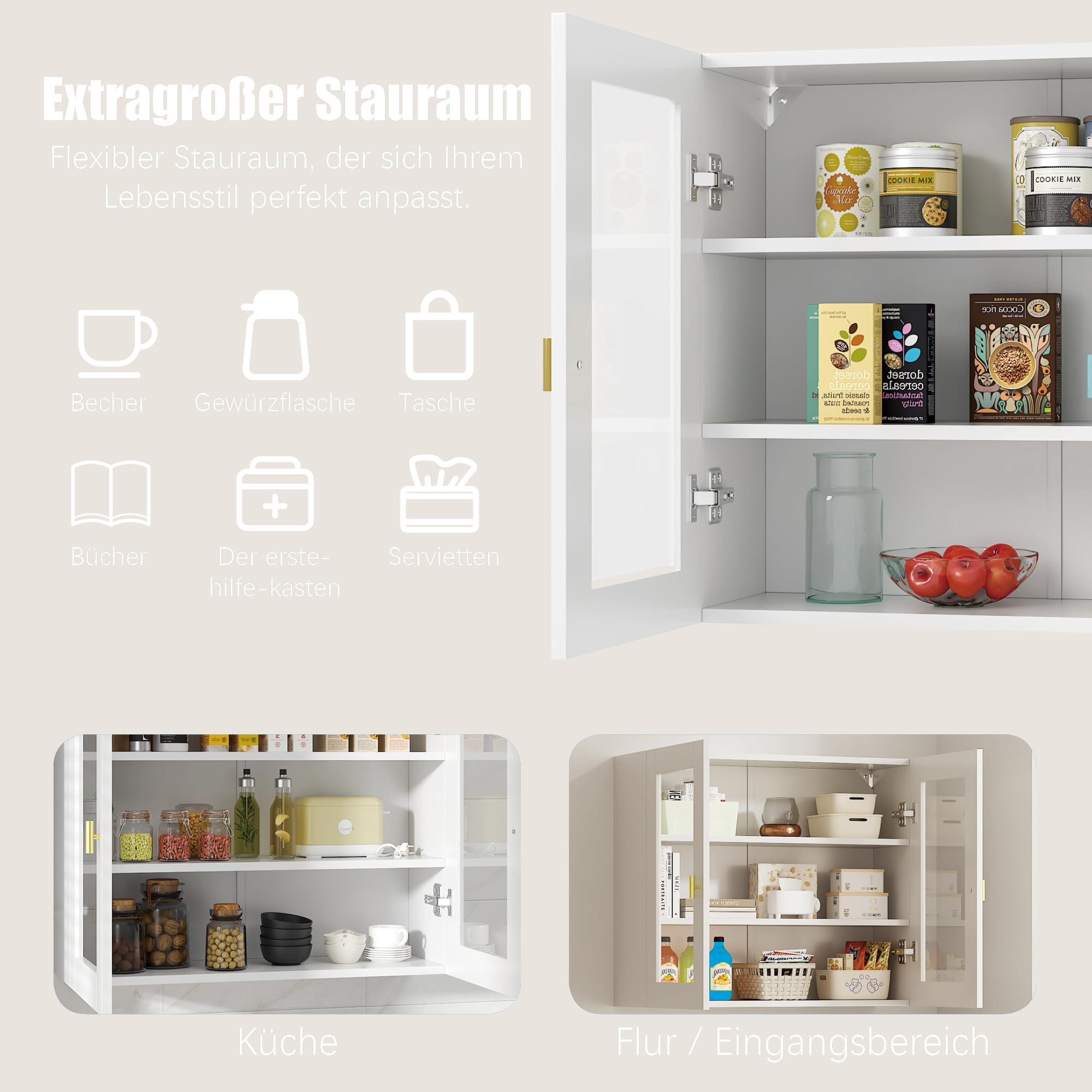 KEEPREAPER Hängeschrank 70cm Küchenhängeschränke mit 2 Glastüren, Wandschrank für Gewürze, Medizinschrank & Apothekerschrank Wandmontage, Geeignet für Küchen, Wohnzimmer, Flur (Weiß)